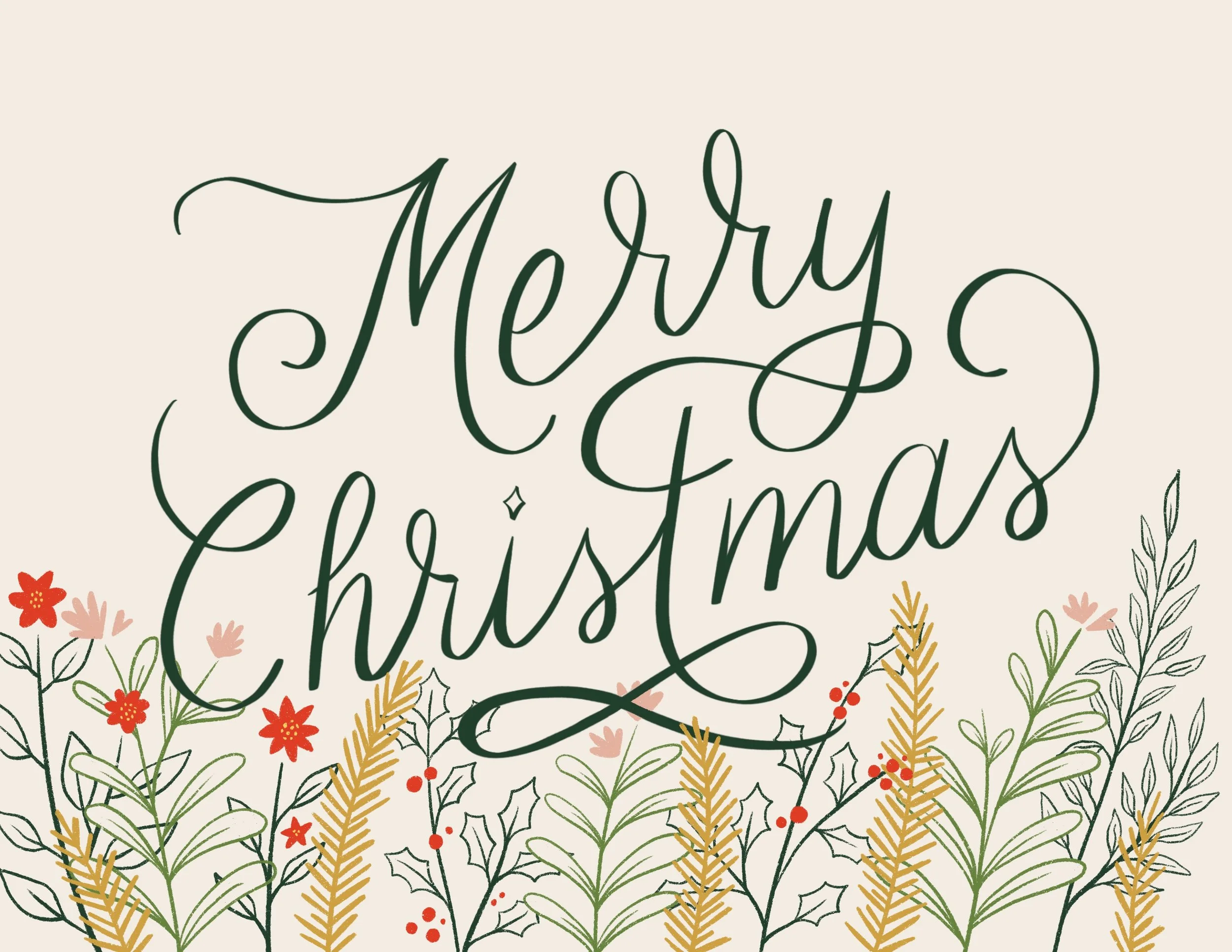 Festive holiday greeting with the phrase 'Merry Christmas' surrounded by colorful floral and foliage illustrations.