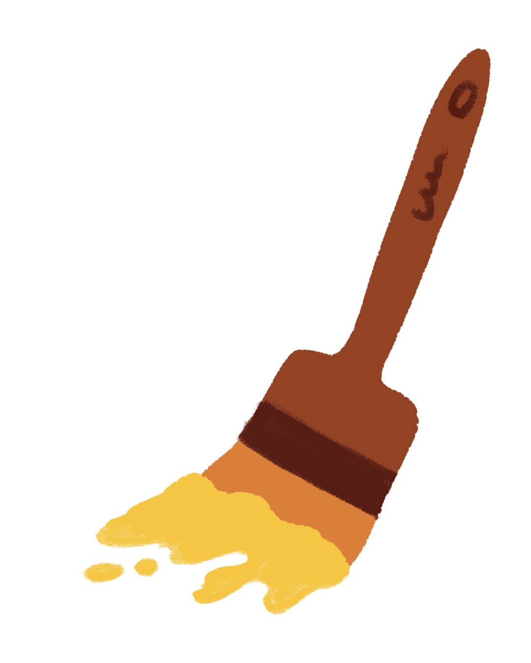 A paintbrush with brown bristles and a brown handle dipped in yellow paint.