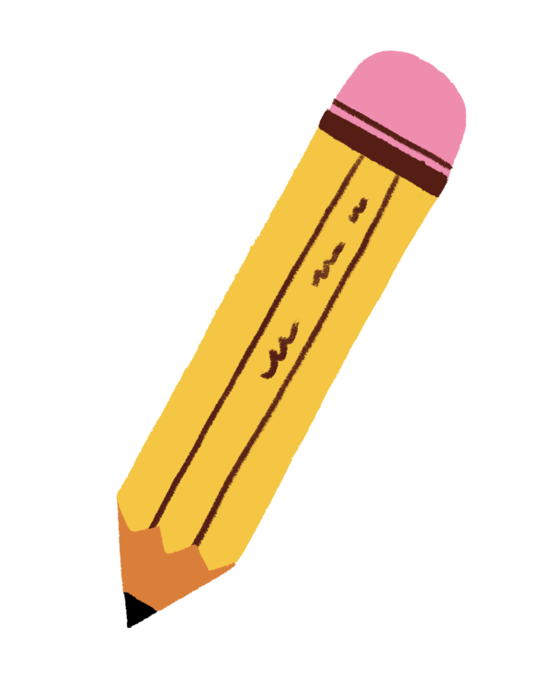 A cartoon illustration of a yellow pencil with a pink eraser on top, and black lines and writing on the side.