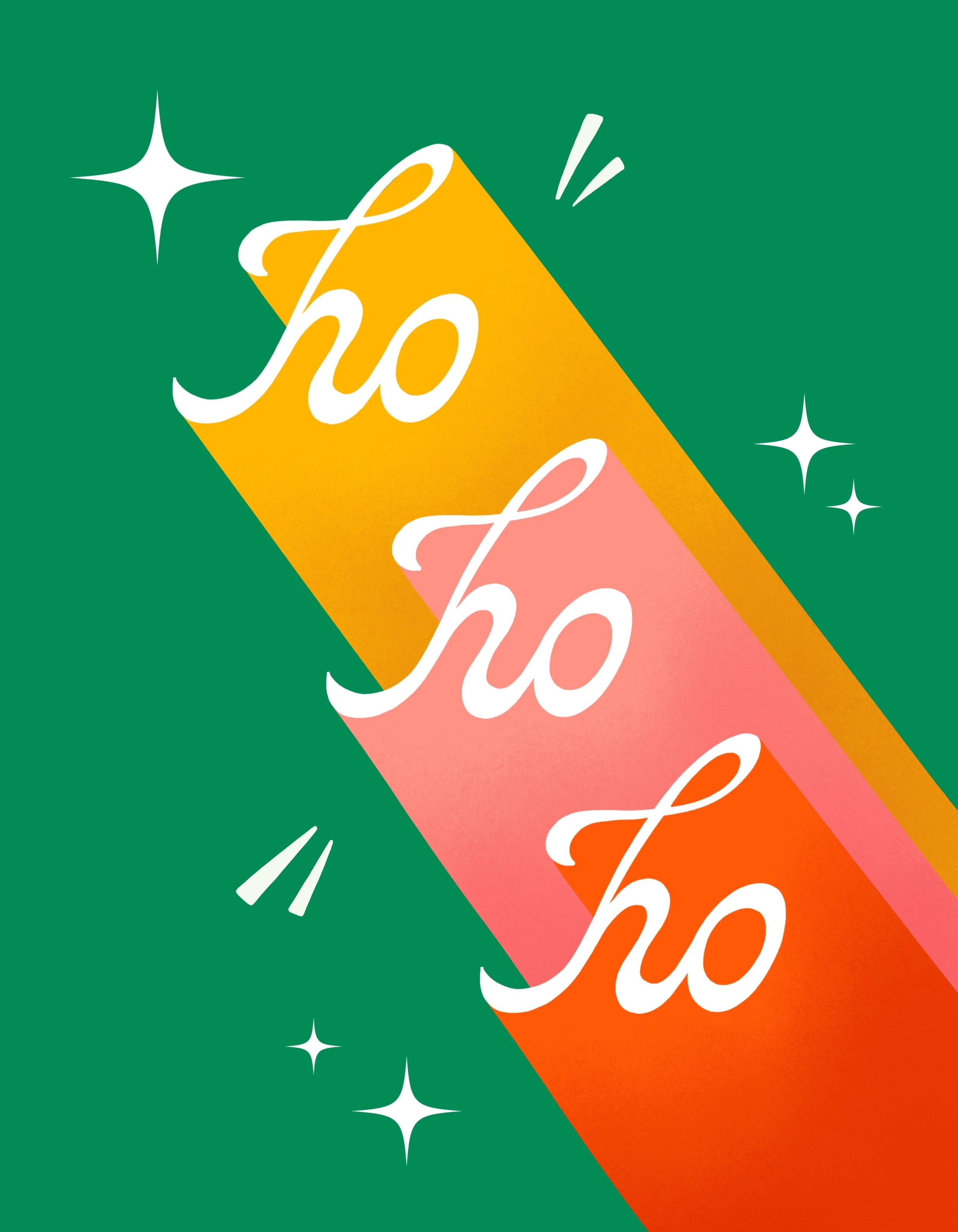 Colorful abstract design with the word "ho" repeated three times in white cursive text on three vertical stripes of yellow, pink, and orange, set against a green background with white star and sparkle accents.