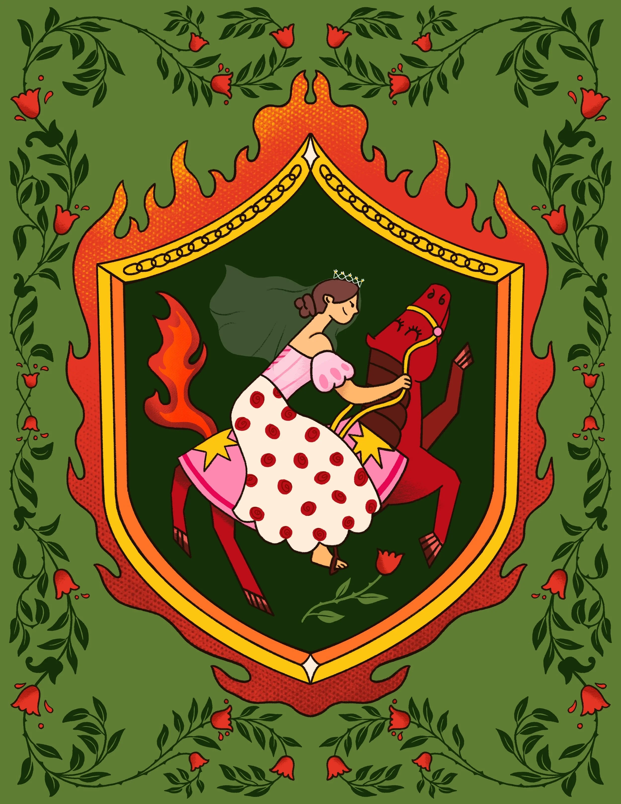 A woman with a crown and flowing hair is riding a red dragon inside a shield surrounded by a green background and red flowers with vine-like decorations.