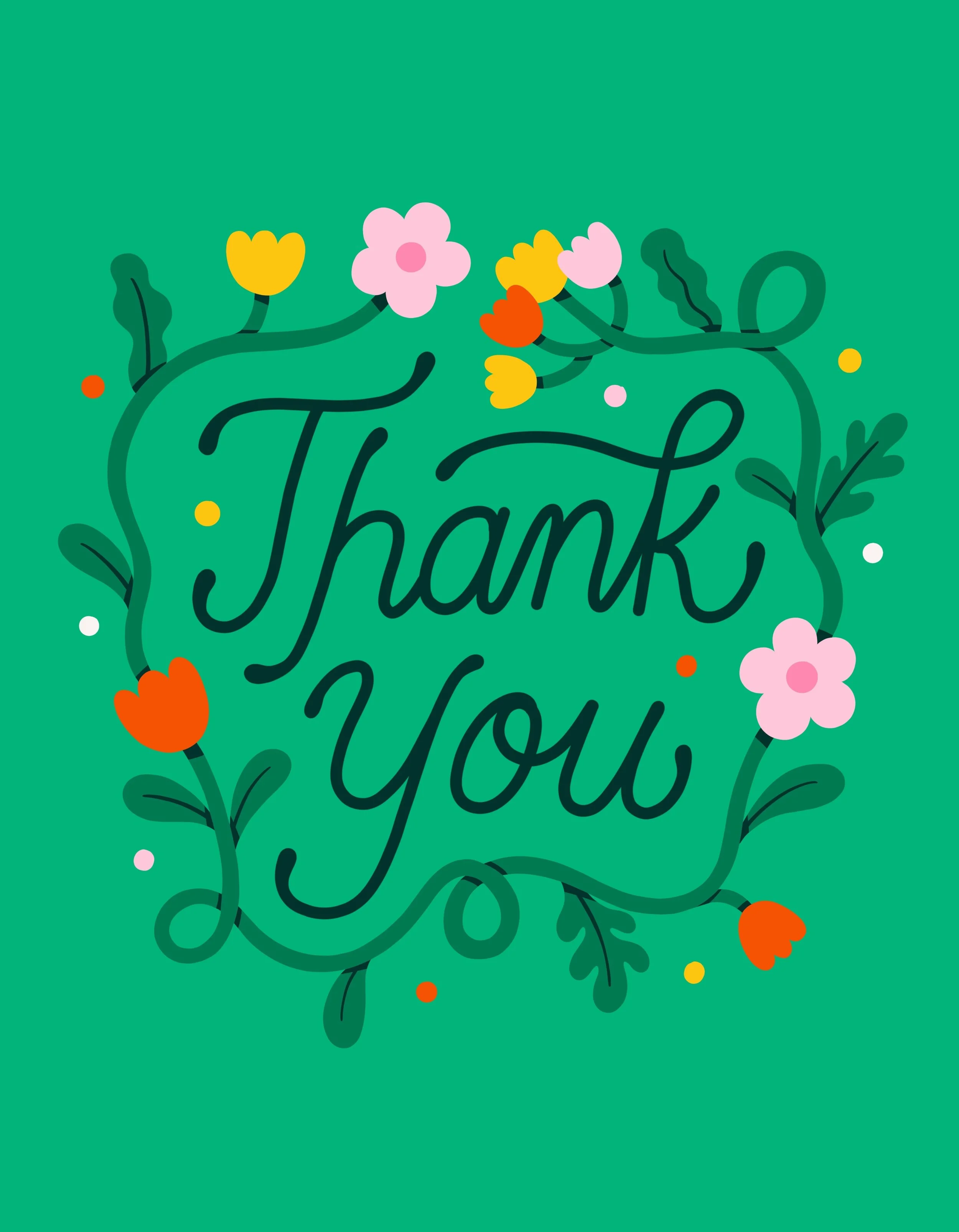A colorful thank you card with floral decorations and the text 'Thank You' in cursive font.