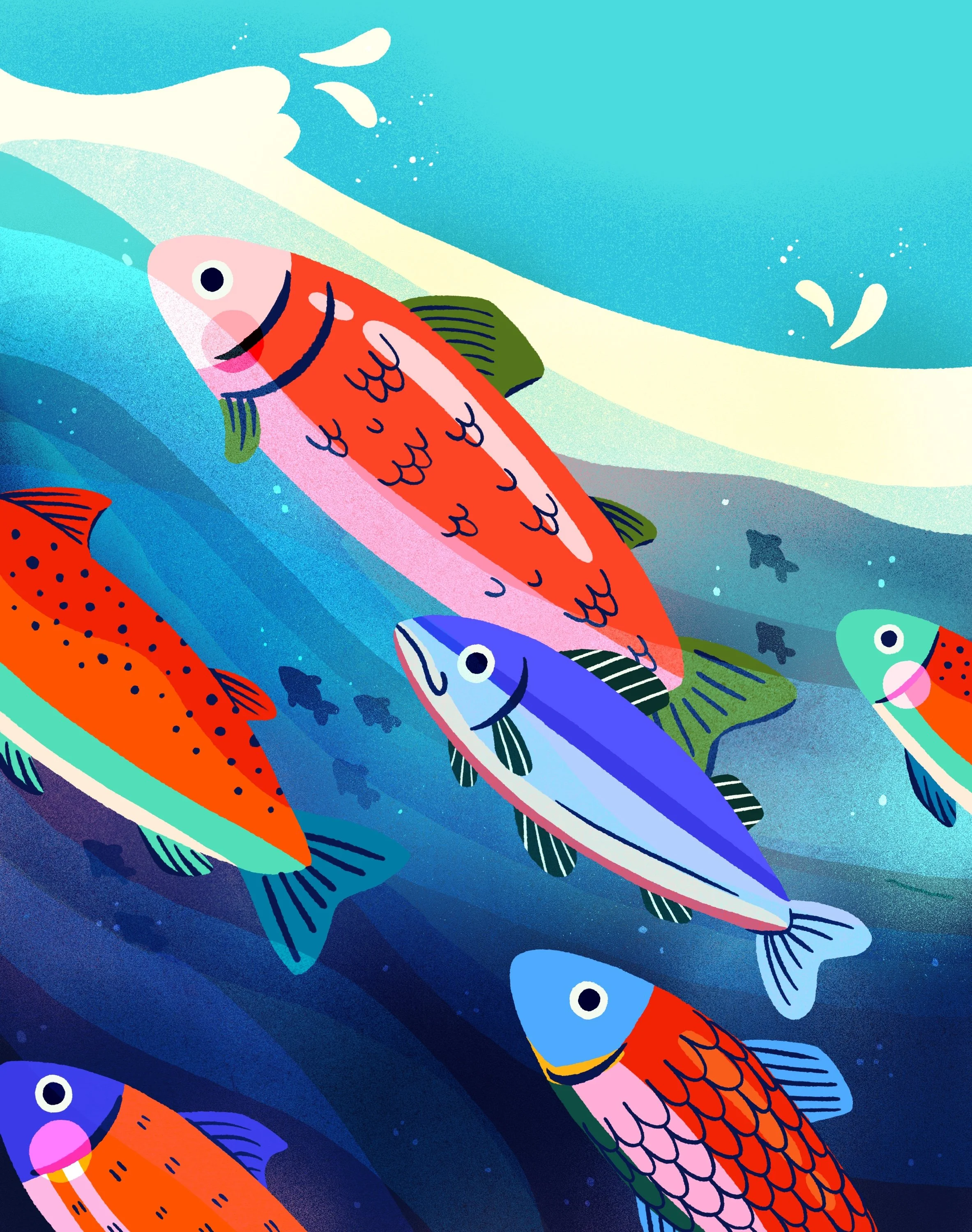 Colorful illustration of salmon swimming underwater with water splashes and smaller fish in the background.