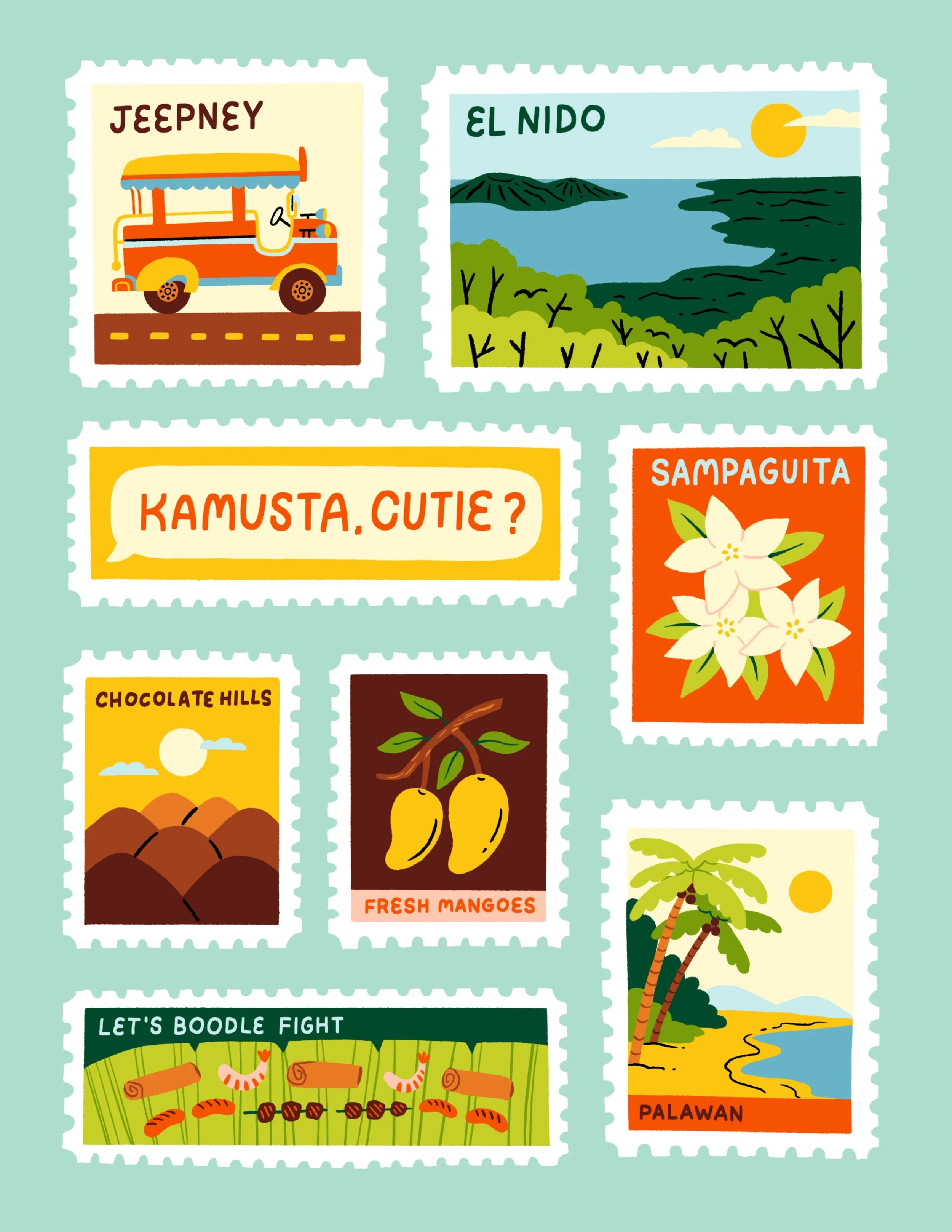 Colorful illustrated collection of postage stamps featuring tropical and nature scenes, including a jeepney, lake, flowers, hills, mangoes, palm trees, and a message asking 'Kamusta, Cutie?'.