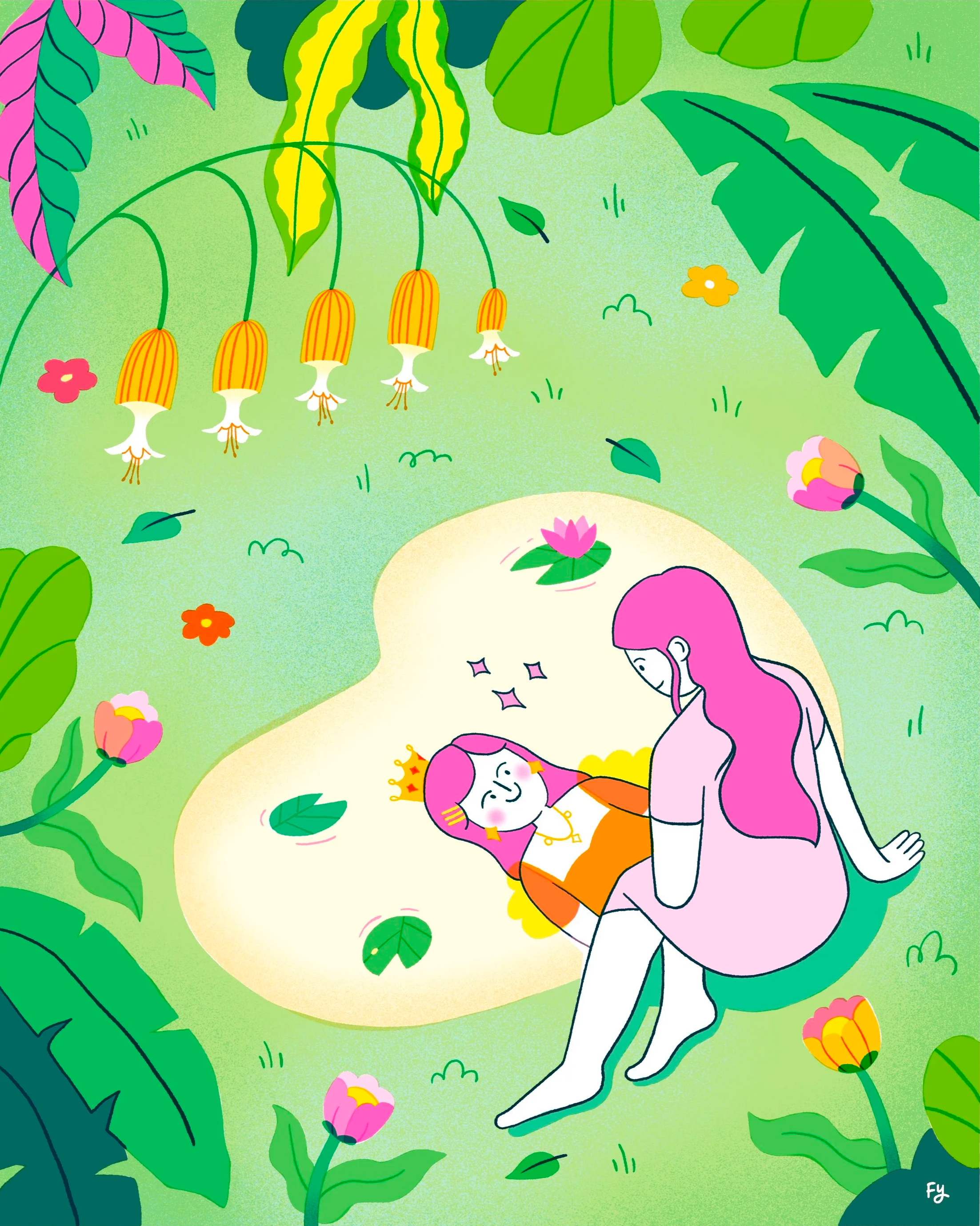 A girl with pink hair and a crown sitting on a sandy patch in a lush green garden, looking at a smiling princess with pink hair, a crown, and an orange dress lying on her side. The garden has large green leaves, pink and yellow flowers, and hanging y