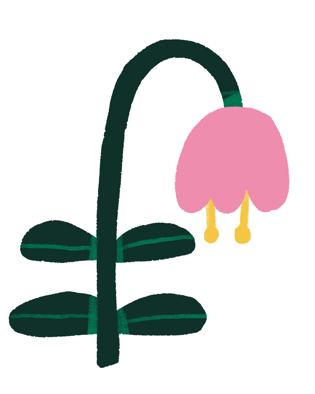 A playful illustration of a pink flower with a yellow stem, four green leaves, and a curved green stem.
