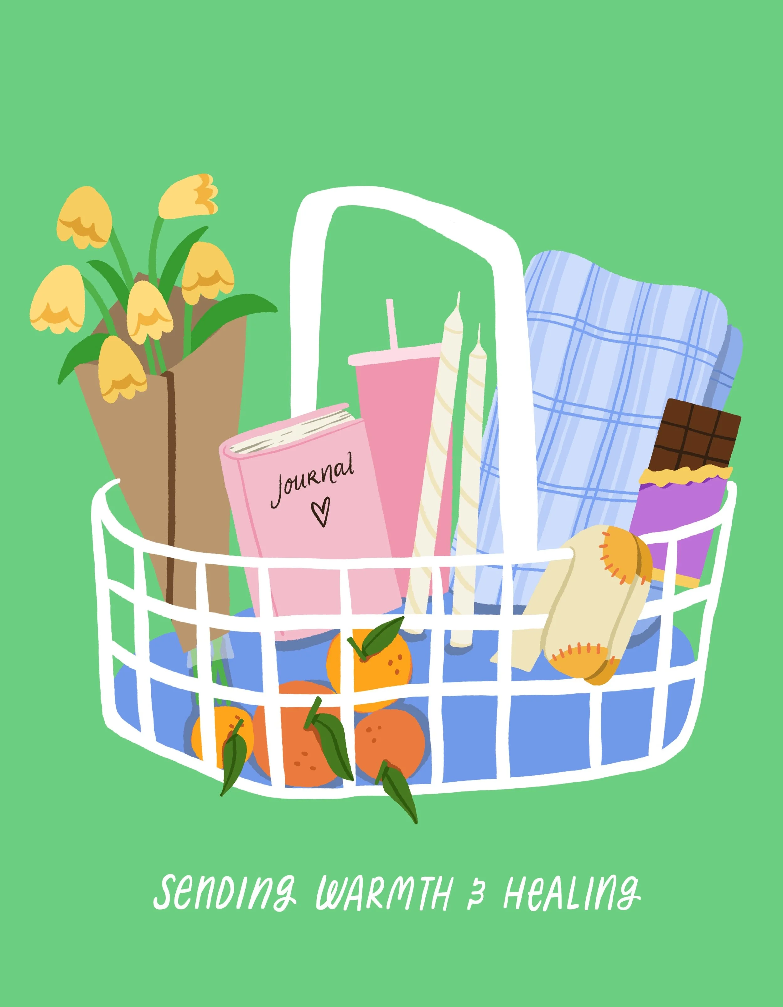 A digital illustration of a gift basket filled with a potted plant with yellow flowers, a pink journal, pink cup with a straw, two white candles, a blue checkered cloth, a chocolate bar, a rolled bandage, and three mandarins with green leaves, with t