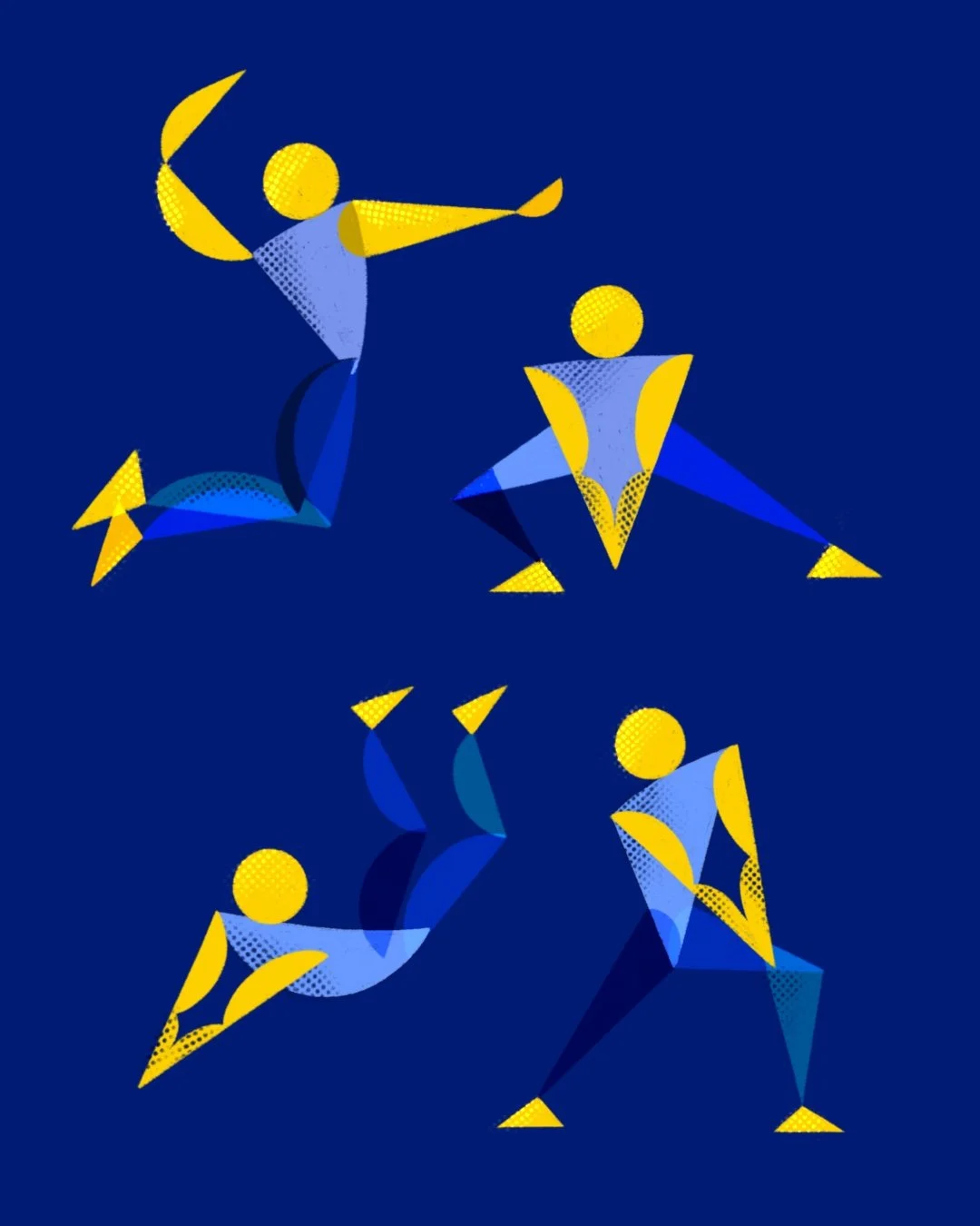 Abstract digital artwork of four stylized human figures in athletic poses, using geometric shapes in yellow, blue, and light blue on a dark blue background.