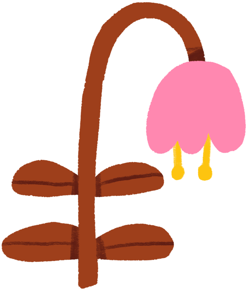 A simple drawing of a pink tulip with a brown stem and leaves.