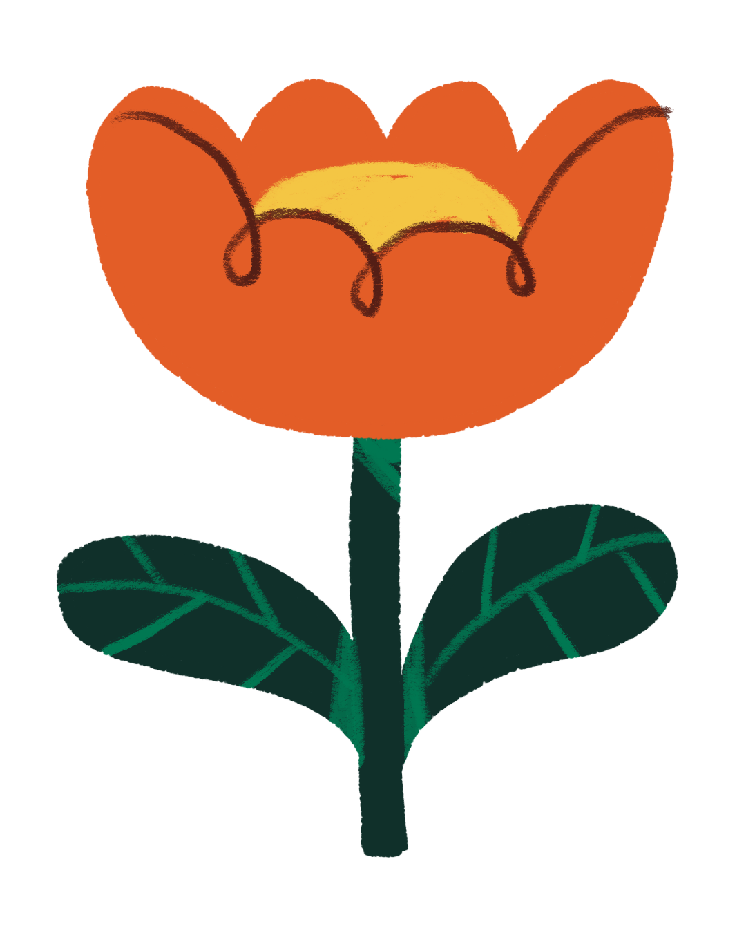 A colorful drawing of a flower with an orange top, yellow center, dark outlines, green stem, and leaves.