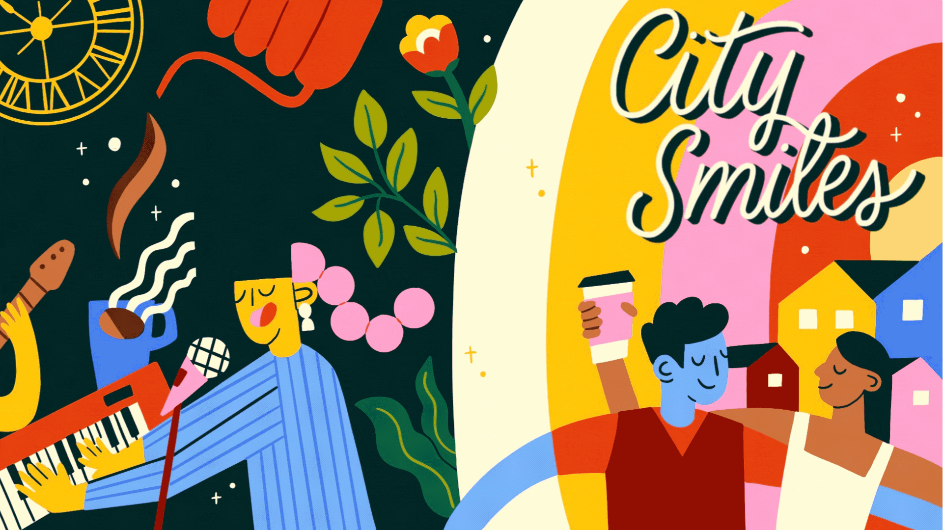 Colorful illustration of people enjoying music, coffee, and dance, with the text 'City Smiles' in the background. The scene includes musical instruments, coffee cups, flowers, and a vibrant cityscape.