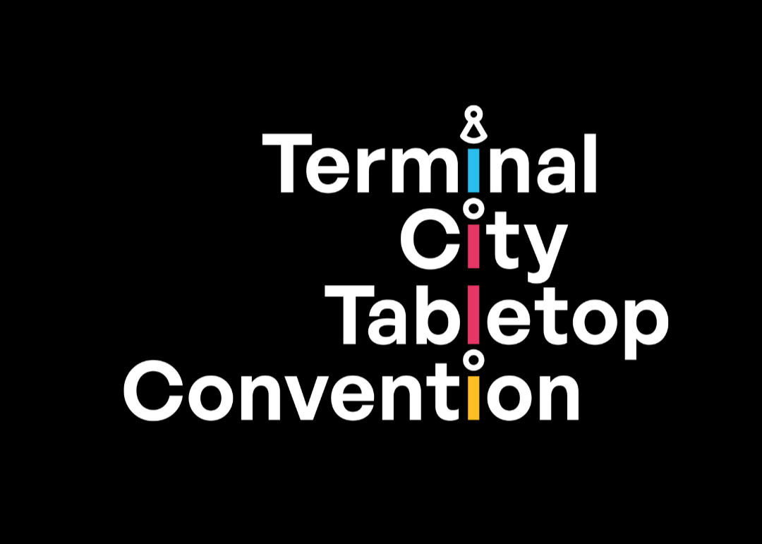 Stylized text illustration with the words "Terminal City Tabletop Convention" arranged vertically, featuring colored vertical lines and circles resembling a rail or train theme.