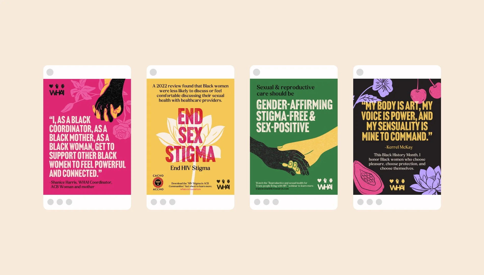 Four social media graphic posts with messages promoting Black women's health, ending HIV stigma, gender-affirming sex-positive care, and celebrating Black History Month, featuring illustrations of flowers, hands, and cherries.