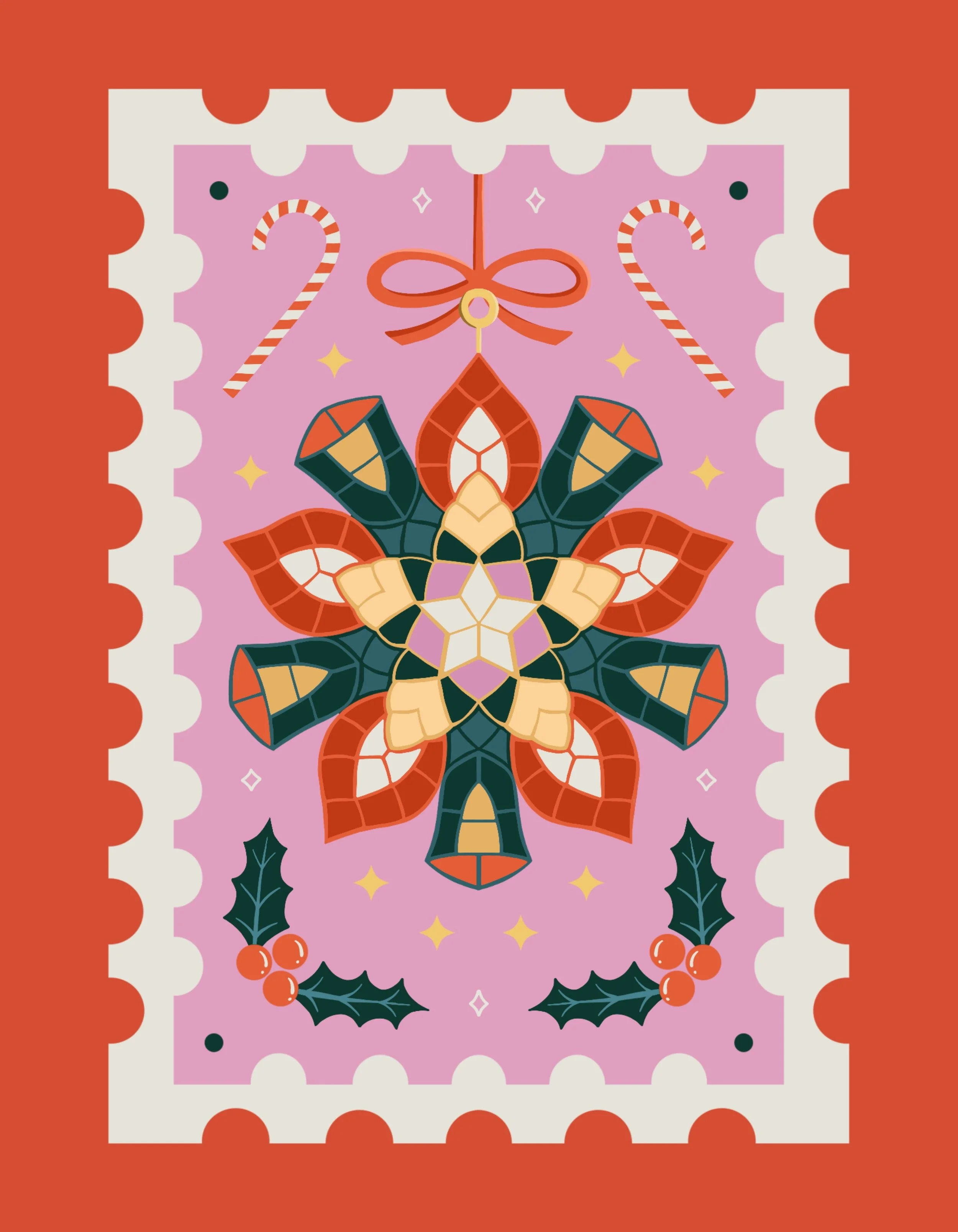 A Christmas-themed illustration resembling a postage stamp featuring a Filipino parol ornament with holly berries and leaves, and a pink and red background.
