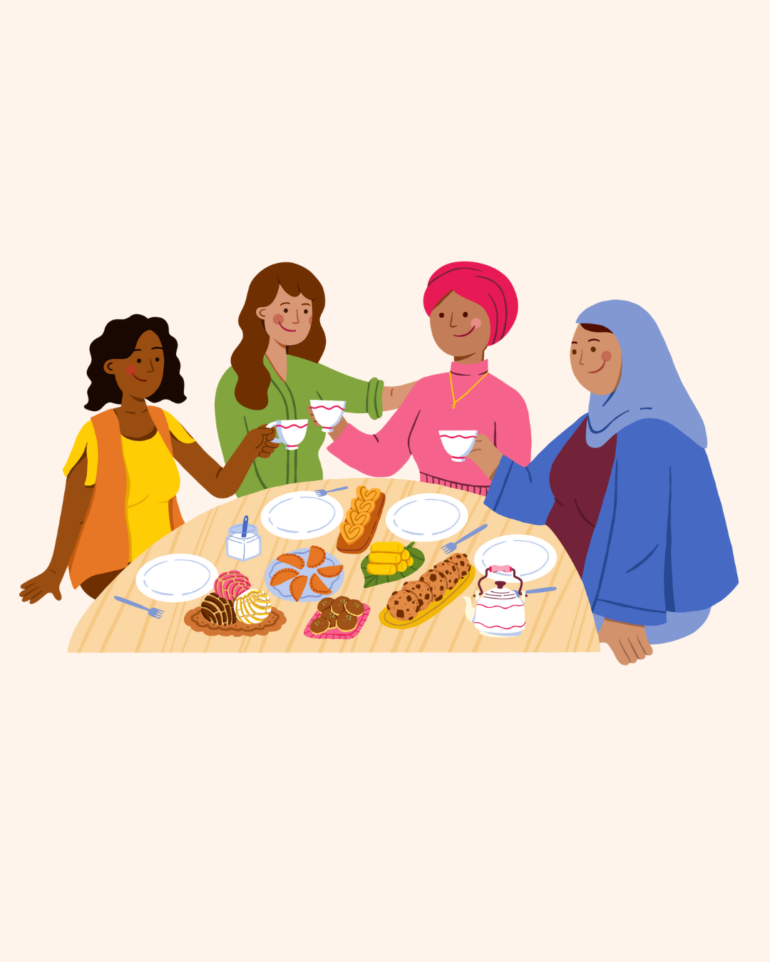 Four women of diverse backgrounds enjoying a tea party with various desserts on a wooden table.