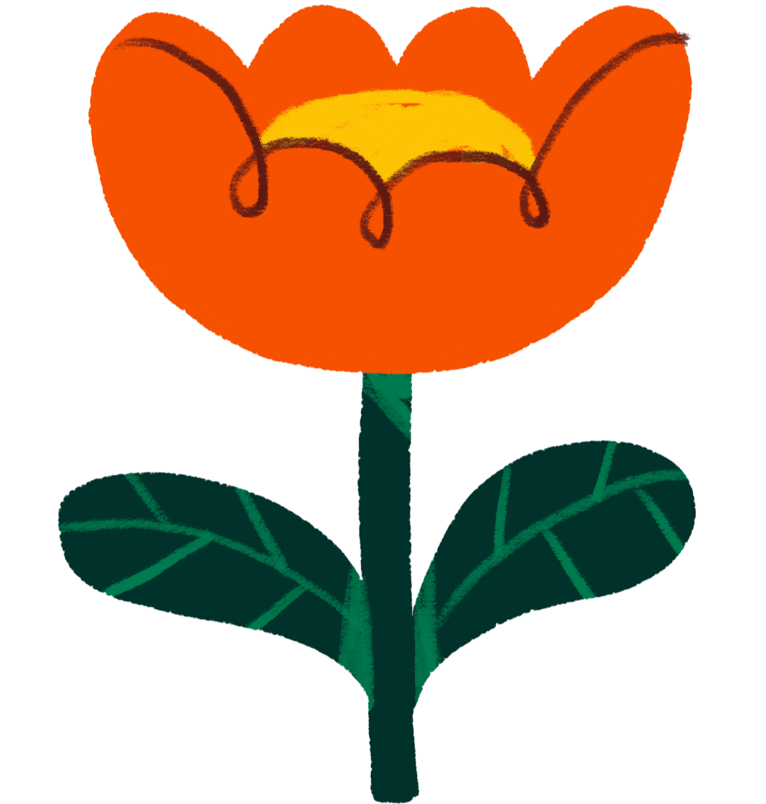 Child’s drawing of an orange flower with green leaves and a yellow center.