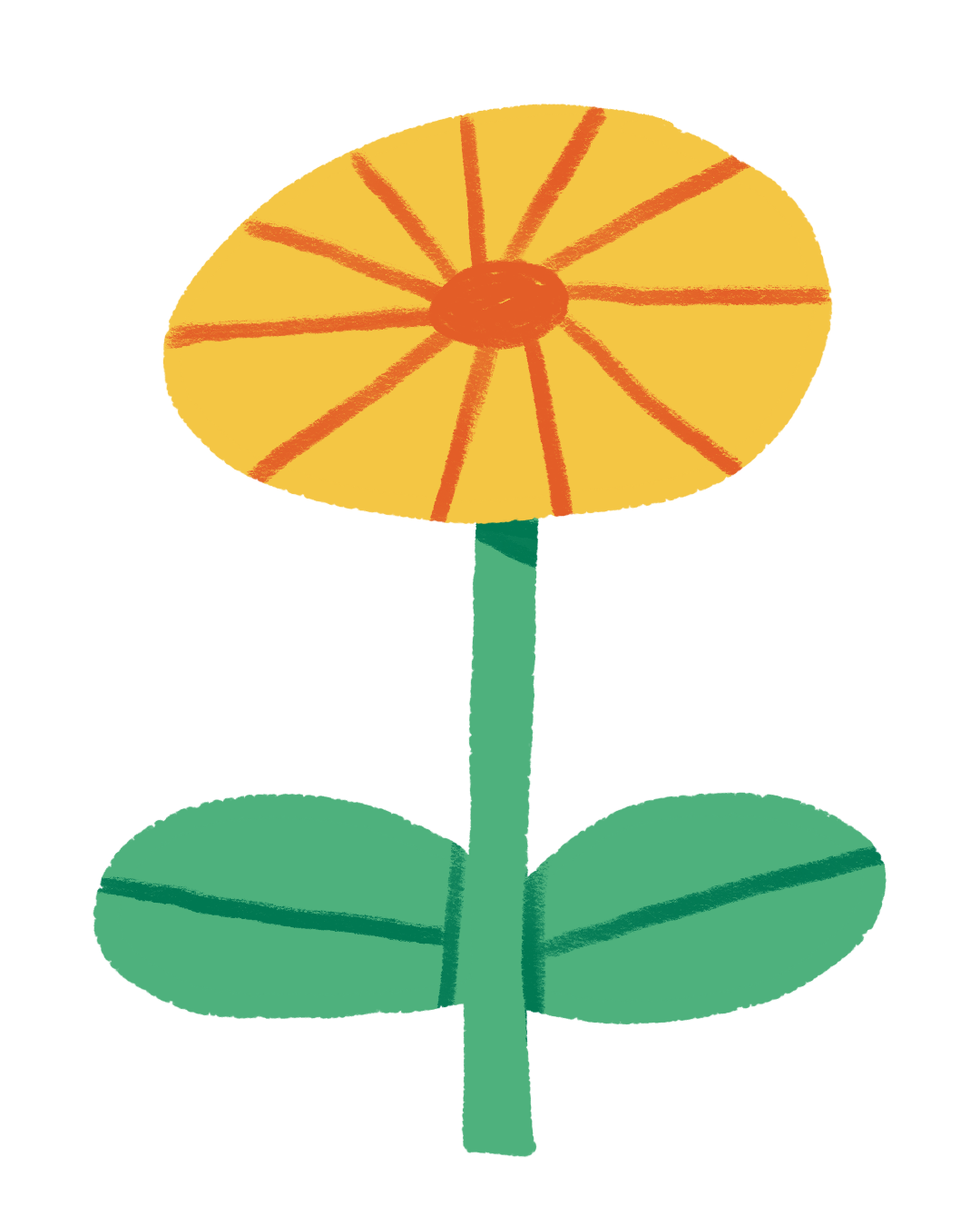 A colorful drawing of a flower with a yellow and orange circular top resembling a sun, green leaves on a stem, and an orange center.