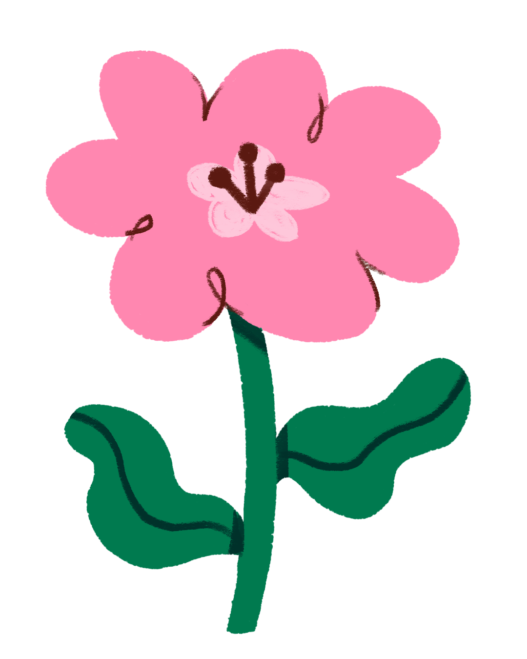 A digital drawing of a pink flower with four large petals, a small white butterfly shape at the center, surrounded by dark accents, a long green stem, and two large green leaves with dark green veins.