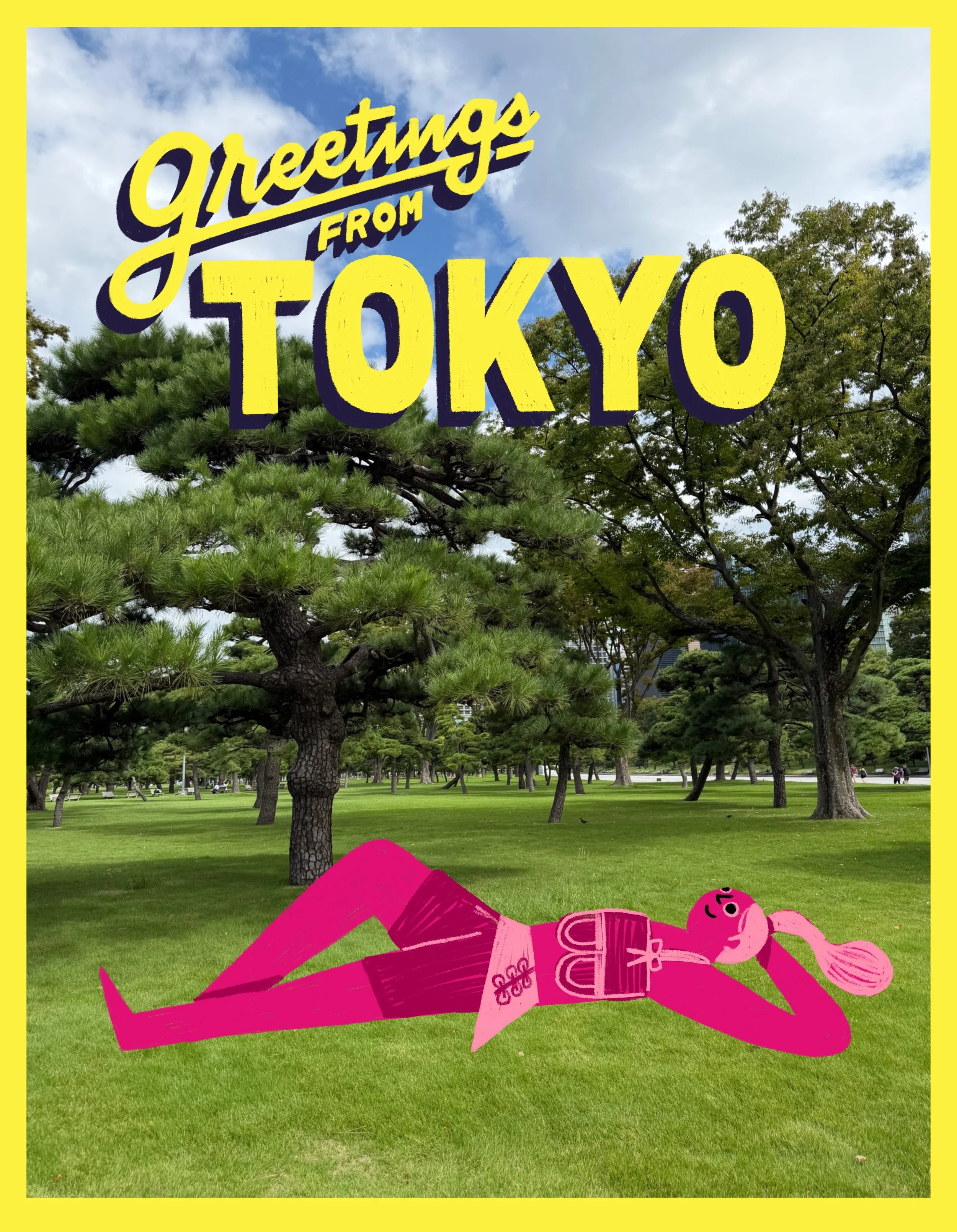 A cartoon girl with pink hair, lying on grass in a park with trees, under a blue sky with some clouds, with text reading 'Greetings from Tokyo'.