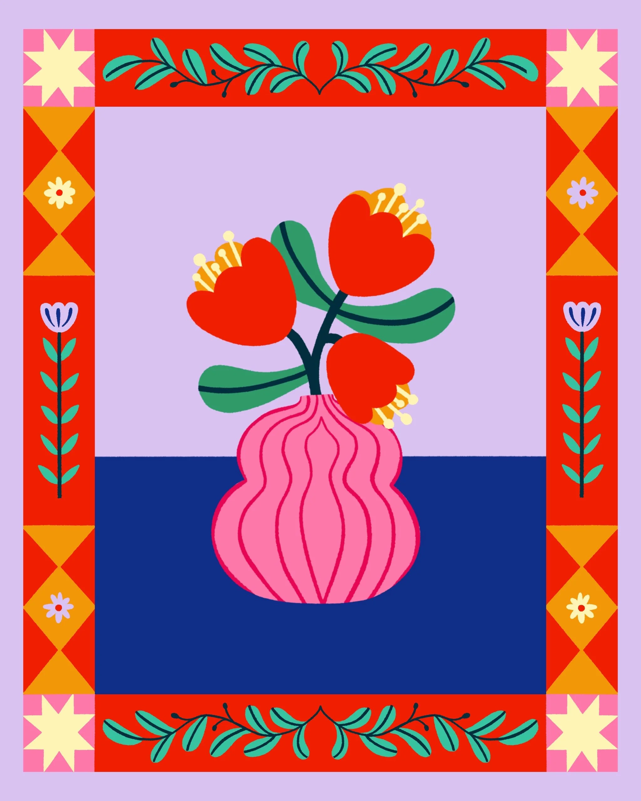A colorful digital illustration of a vase with red flowers and green leaves, set against a lavender background with a red decorative border featuring geometric shapes and floral patterns.