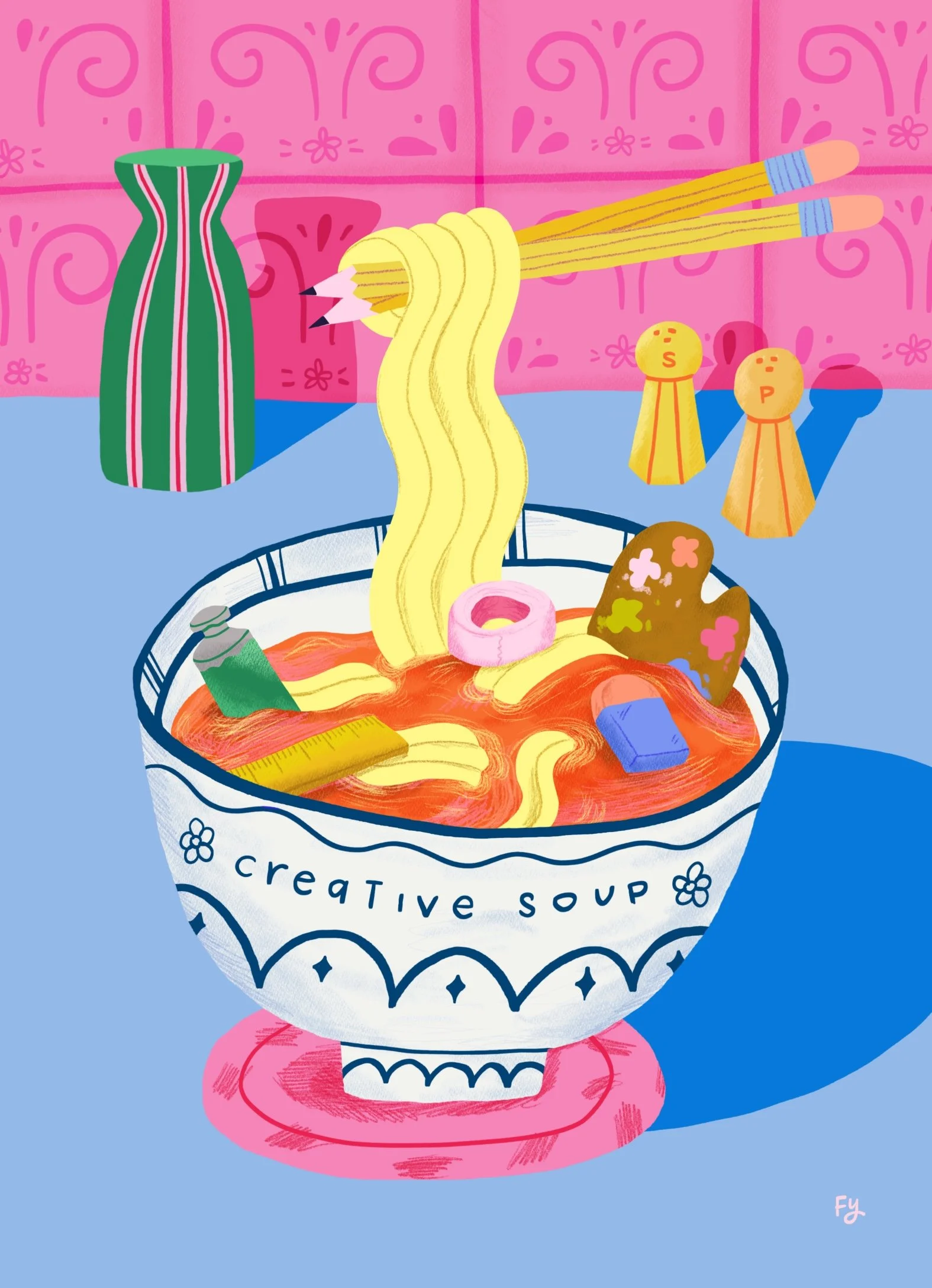 Colorful illustrated bowl labeled "creative soup" with noodles, a paint palette, and art supplies inside, on a pink and blue background.