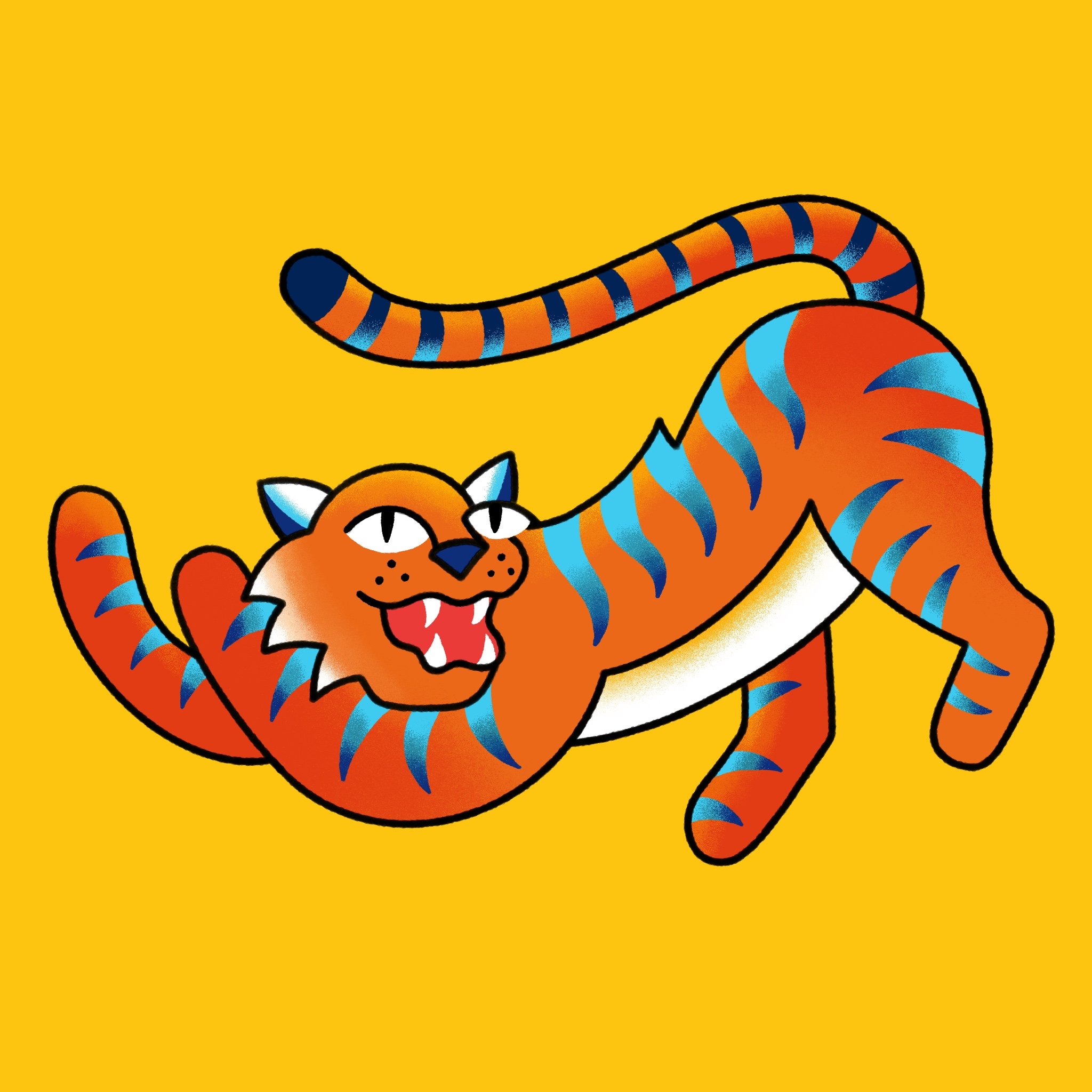 Illustration of a tiger with blue and orange stripes, smiling with open mouth showing teeth, on a yellow background.