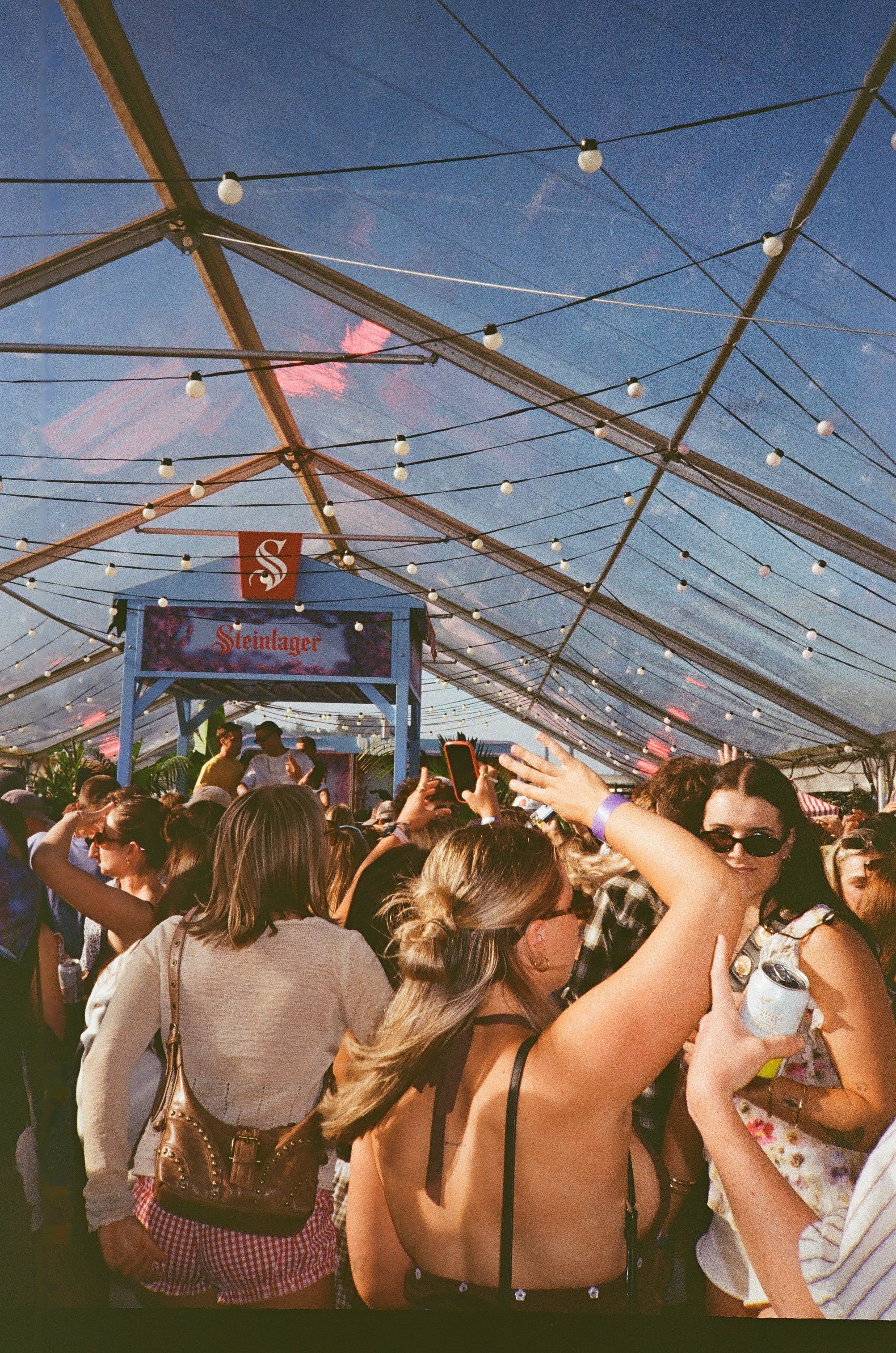 Festival crowd dancing inside a Lucy's Events Clear marquee at In Bloom Festival on the Tauranga waterfront