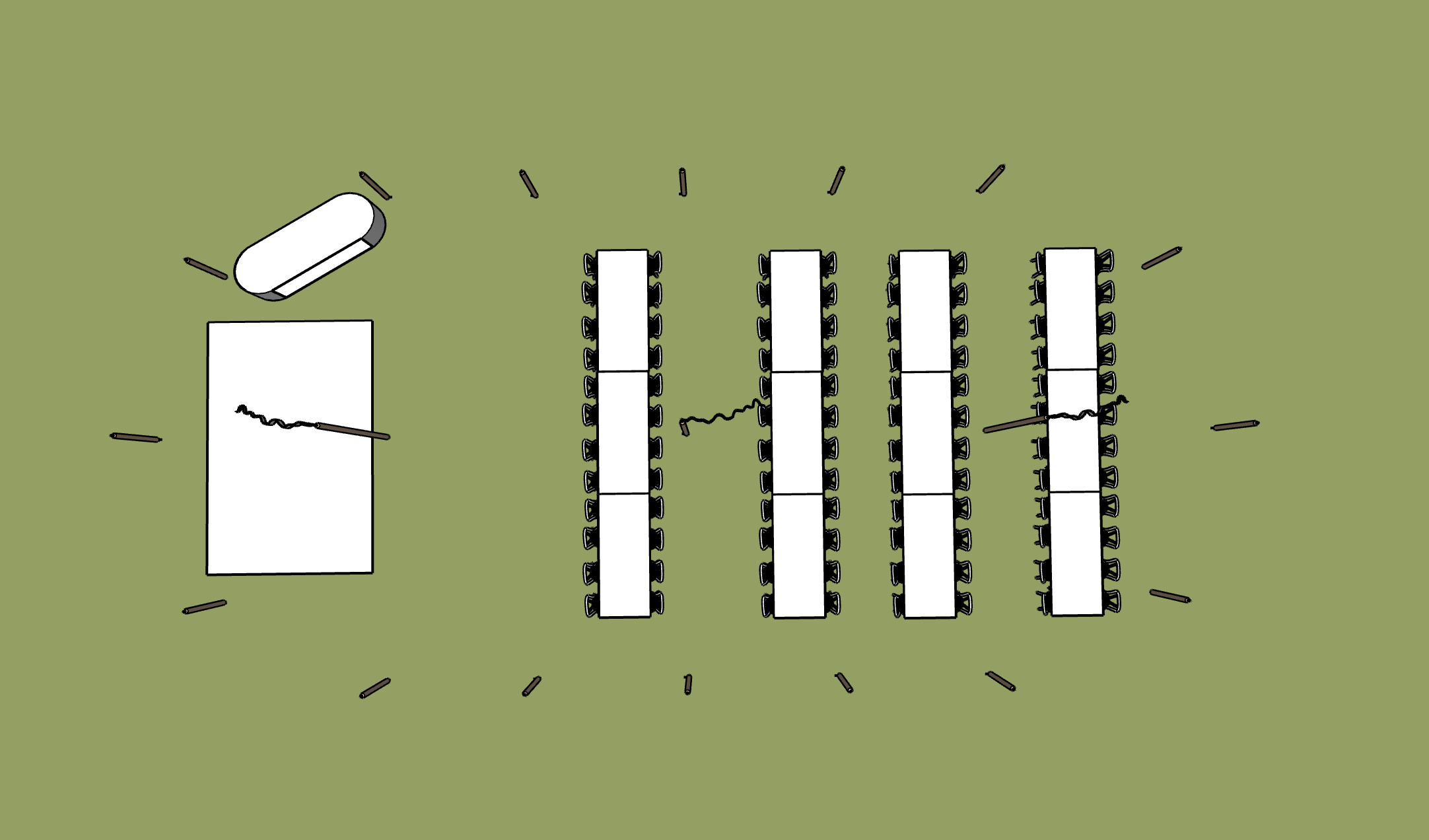 A diagram of a conference room layout showing five long tables with chairs around them, a smaller rectangular table on the side, and a whiteboard at the front with a marker.