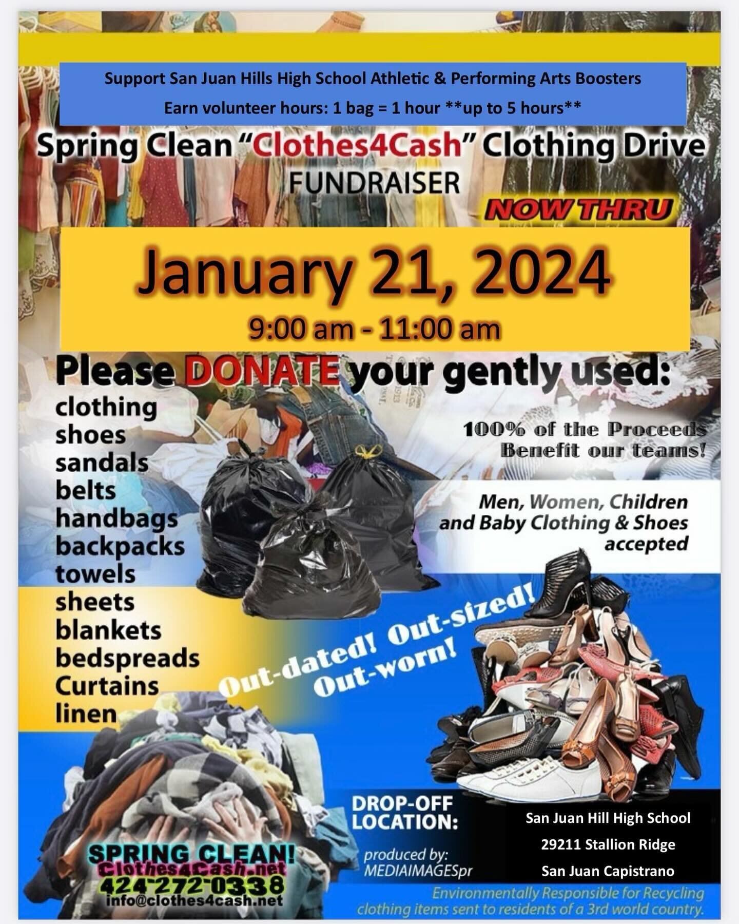 Attention Stallion Families,

The Performing Arts &amp; Athletics Boosters are having a fundraiser. Support our clothing/textiles drive this Sunday Jan 21st from 9 - 11 am. 

Volunteer hours available 1 bag = 1 hour (up to 5 hours). There is also vol