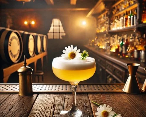 Cocktail garnished with daisies in a bar setting with wooden barrels and dim lighting.