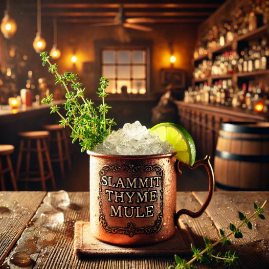Copper mug labeled "SlammIt Thyme Mule" with ice, lime, and thyme garnish on a wooden bar table in a rustic tavern setting.