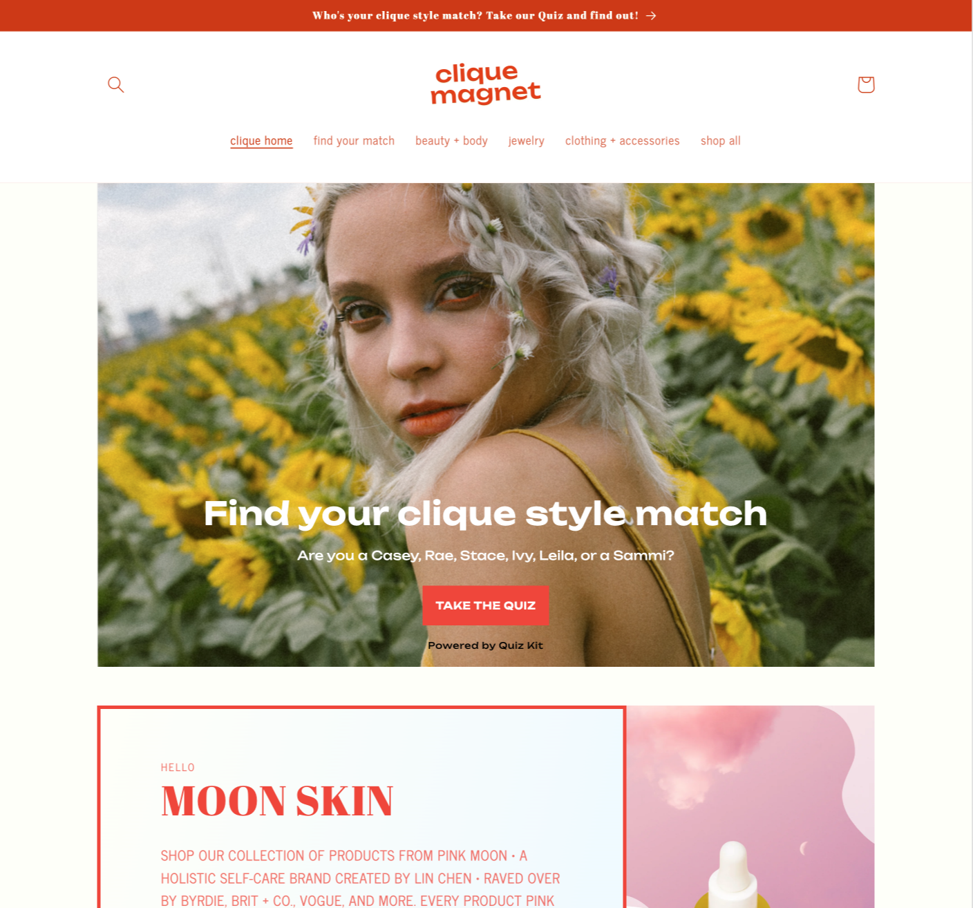 Homepage of Clique Magnet featuring a woman with platinum blonde, curly hair in a sunflower field, promoting a style match quiz and skincare products.