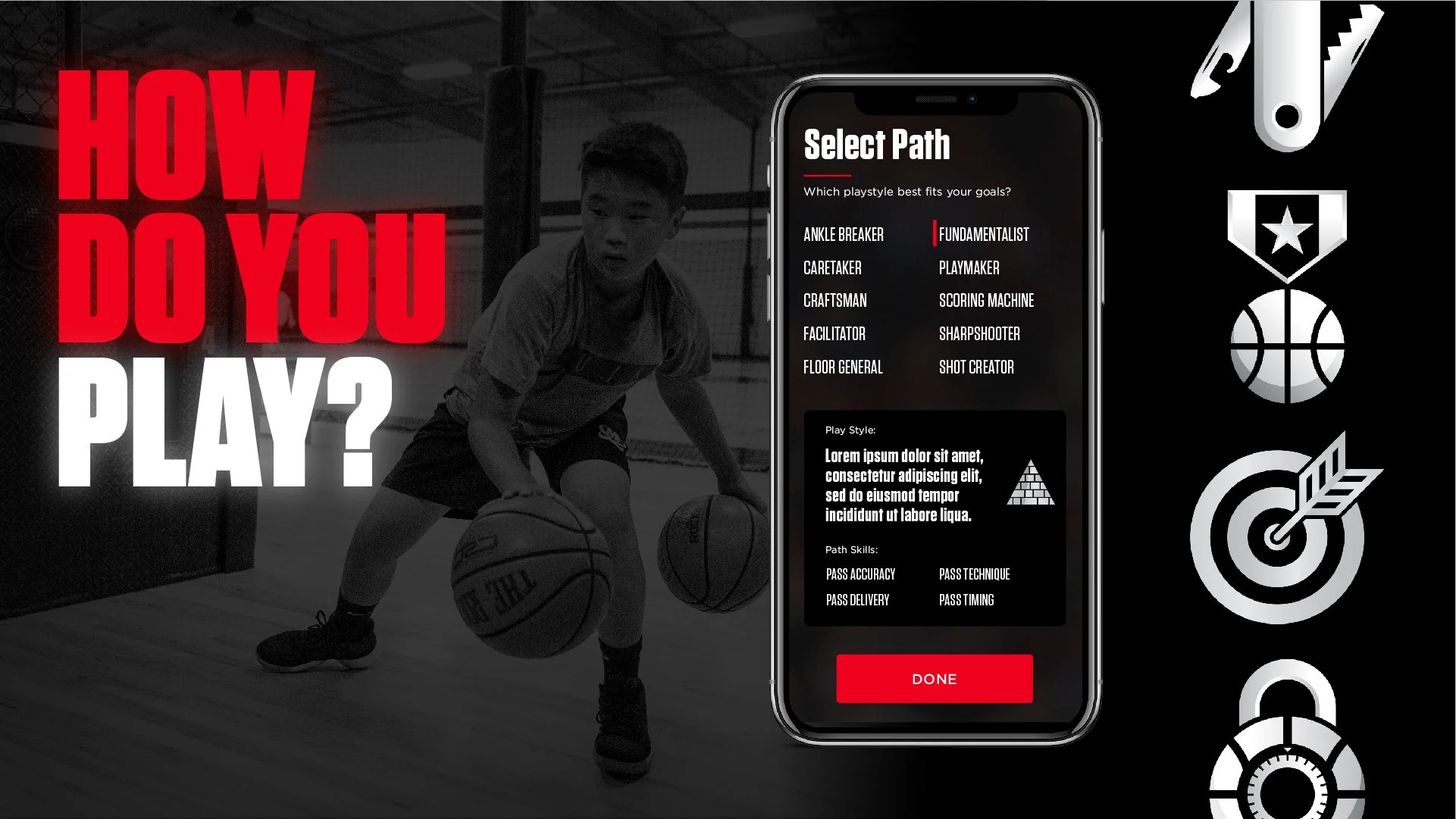A young basketball player dribbling on an indoor court with overlay text saying 'How Do You Play?'. There is a smartphone screen showing a basketball training app with options for selecting playing styles and skills, and icons related to basketball and sports training on the right side.