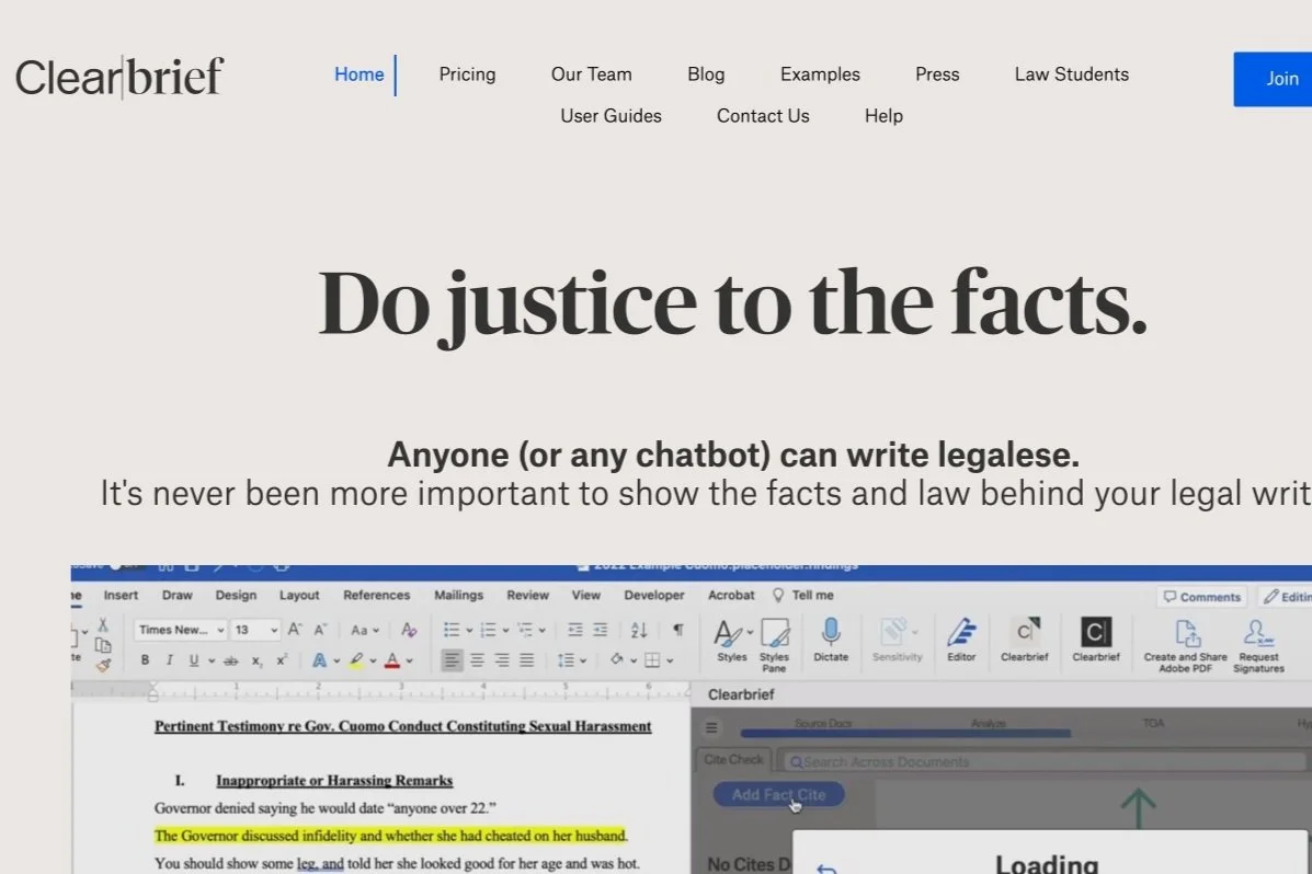 Screenshot of the Clearbrief website showcasing tools for writing legal documents with fact and law citations, featuring a highlighted text snippet about a governor and a web interface with an 'Add Fact Cite' button.