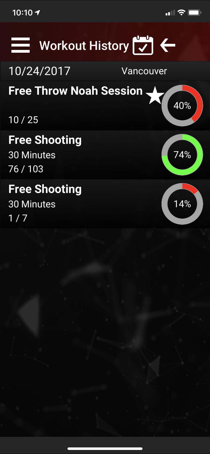 Workout history list showing date, location, and progress of three free shooting sessions, with progress percentages displayed in gauge charts.