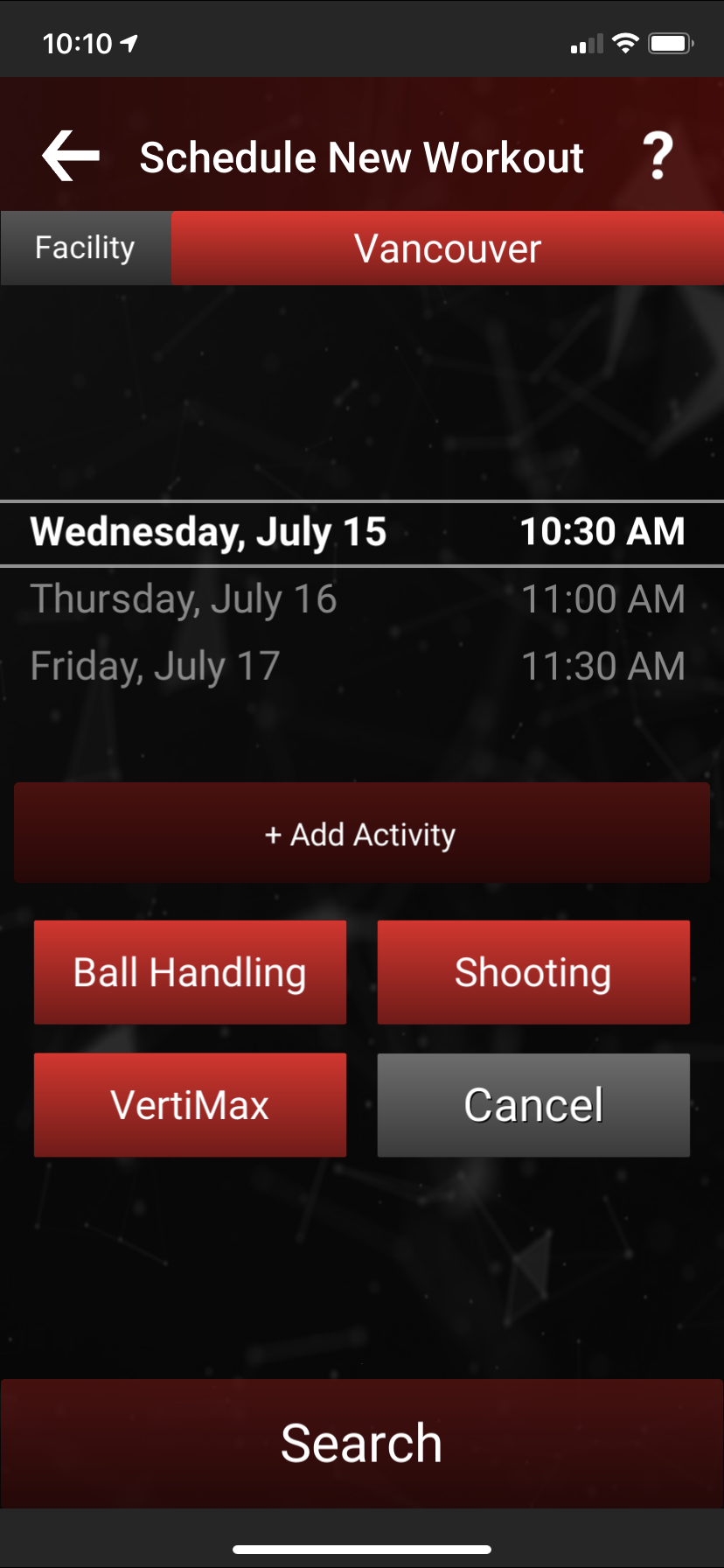 Mobile app screen showing schedule for a workout plan, with options to add activities, select workout types like ball handling, shooting, and VertiMax, and navigate between facility options Vancouver and Facility.