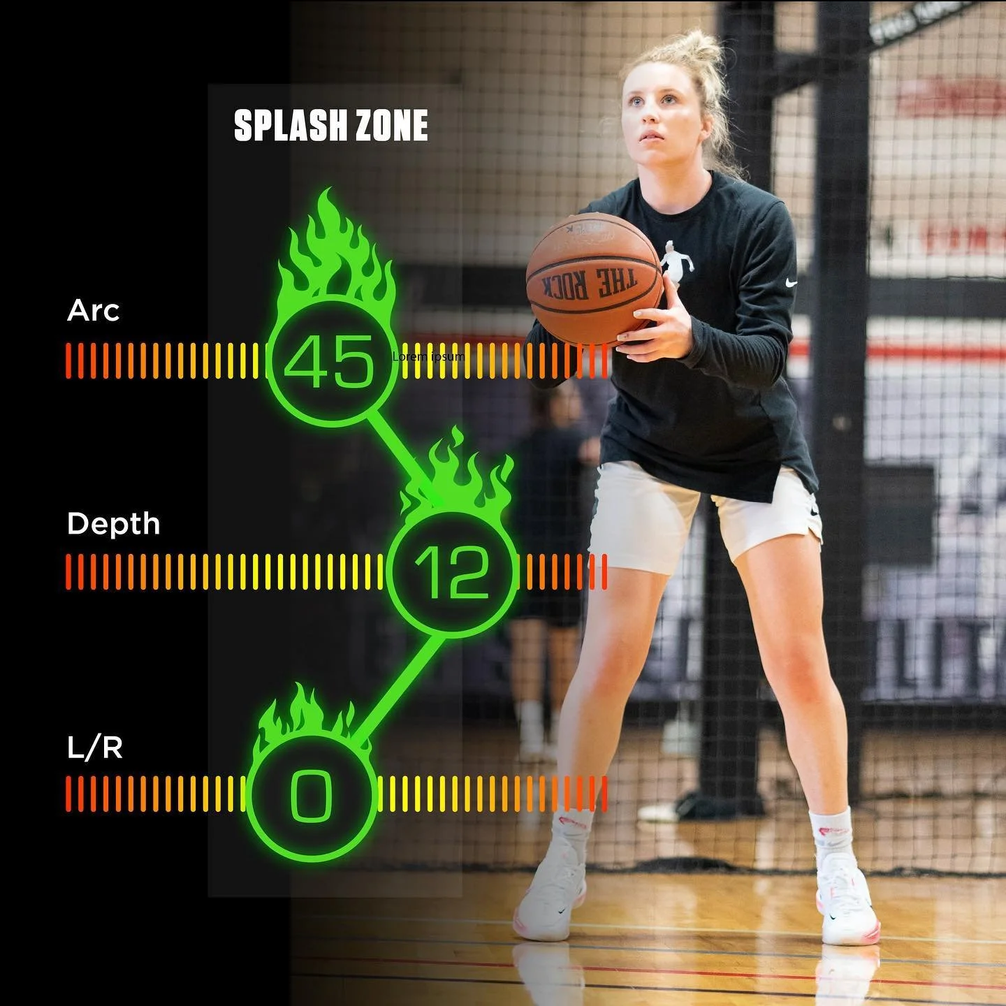 A woman playing basketball on an indoor court with an overlay showing her shot metrics: 45 for arc, 12 for depth, 0 for L/R, with bright neon graphics and flames.
