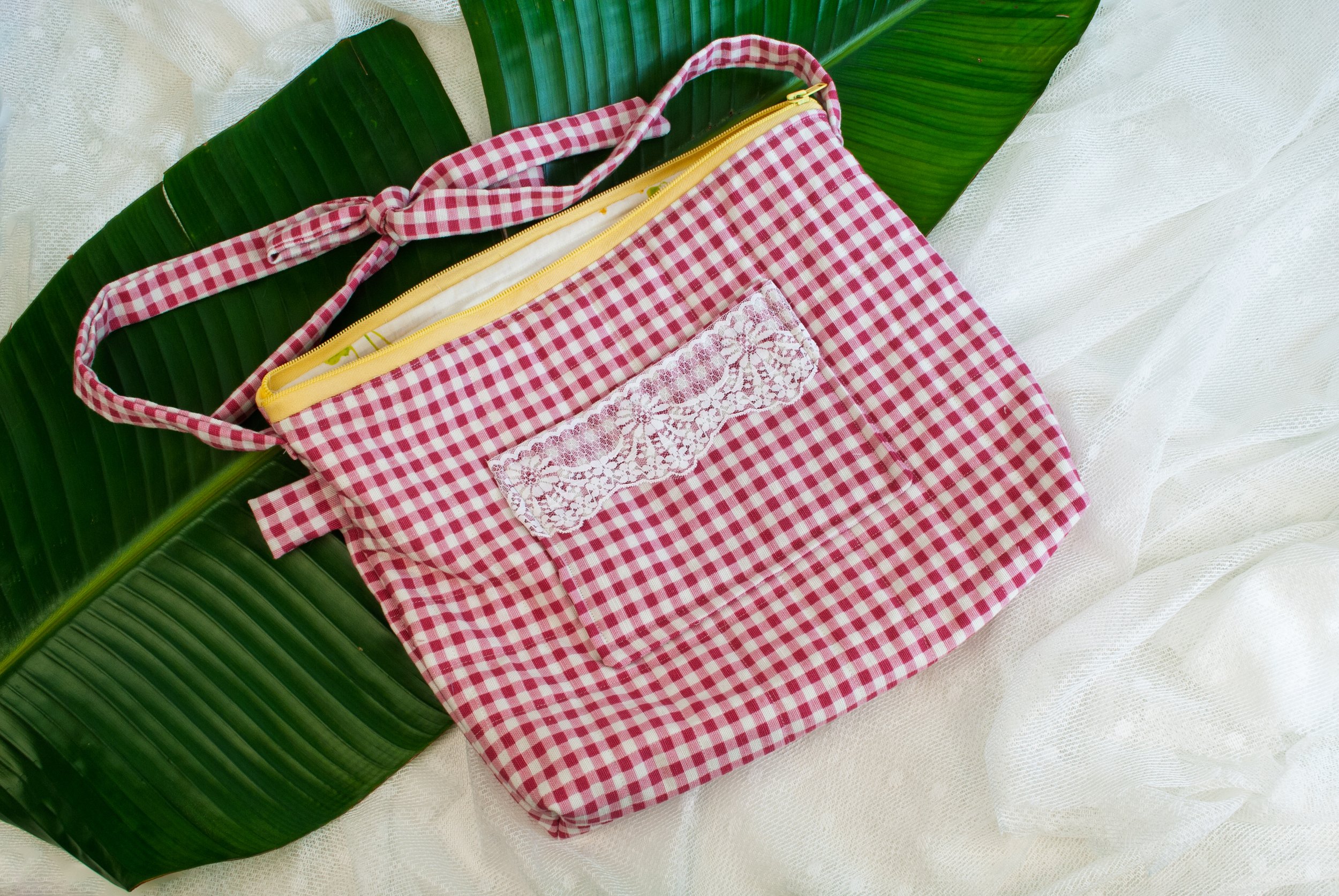 Raspberry Gingham with Yellow Zipper Bag
