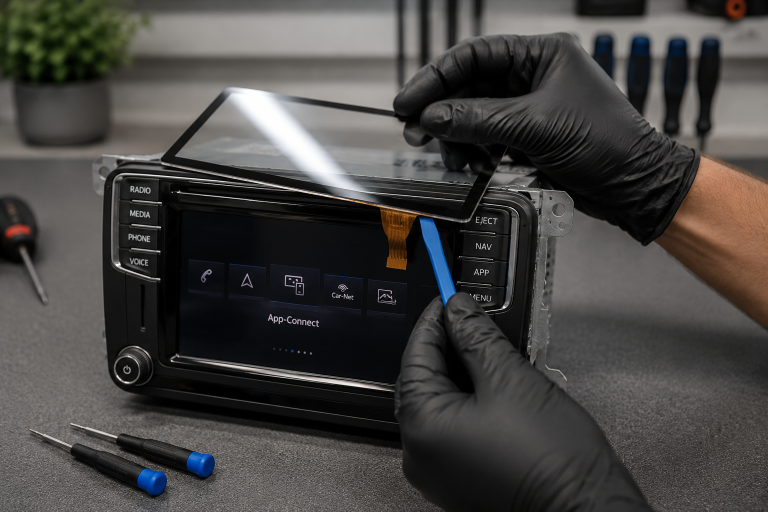 Technician replacing a VW T6 touchscreen digitiser during a Volkswagen infotainment screen repair
