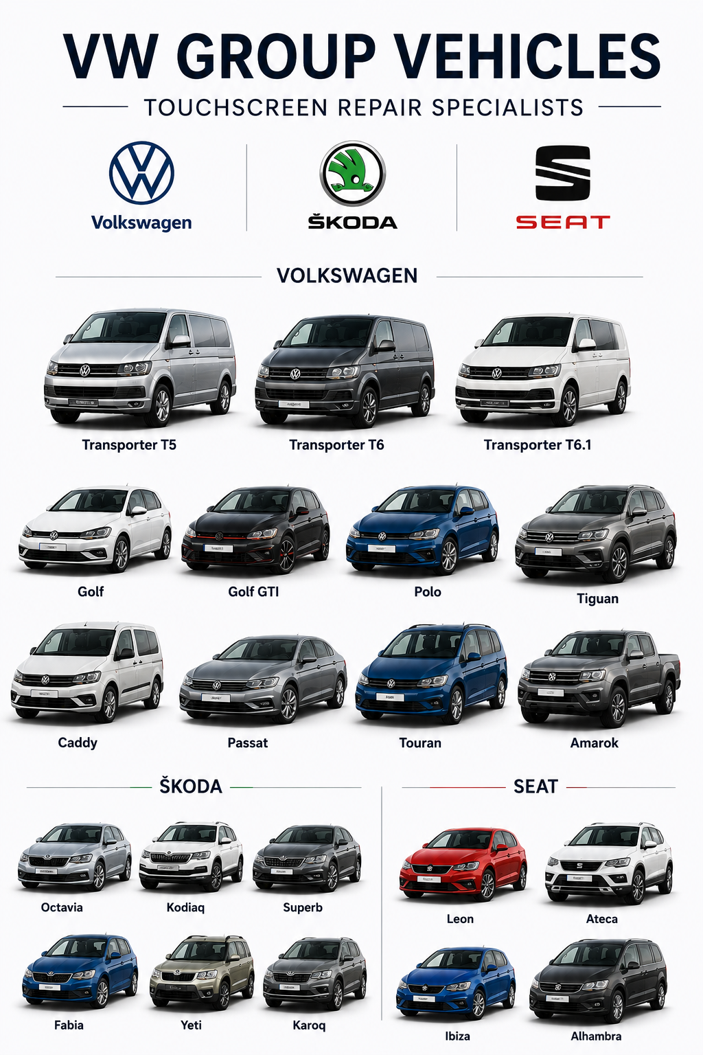 Volkswagen Group vehicles including VW, Škoda and SEAT models with compatible infotainment systems for touchscreen repair | Cornwall