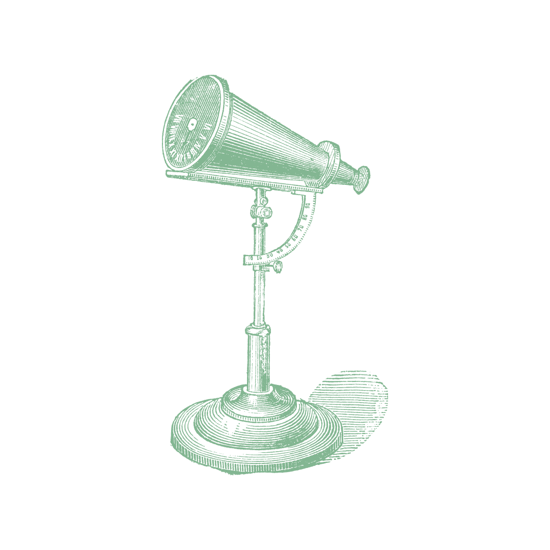 An antique-style microscope with a large lens, stand, and markings, depicted in a green line drawing.