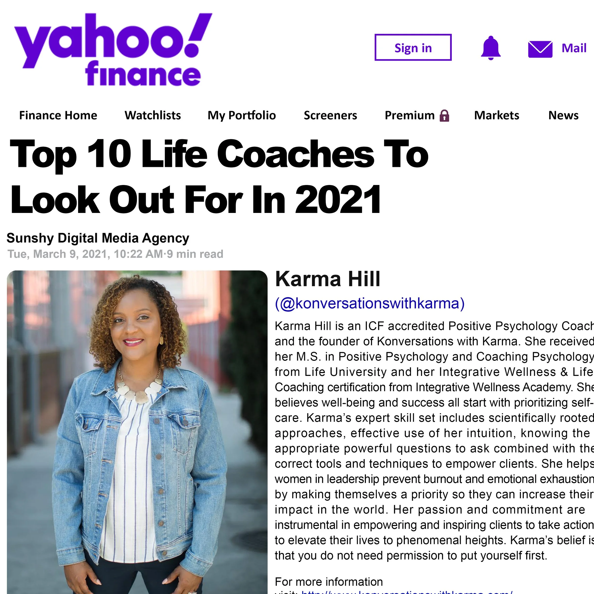 Yahoo Finance article with the headline "Top 10 Life Coaches To Look Out For In 2021" featuring a photo of Karma Hill, a positive psychology coach. The article is dated March 9, 2021.