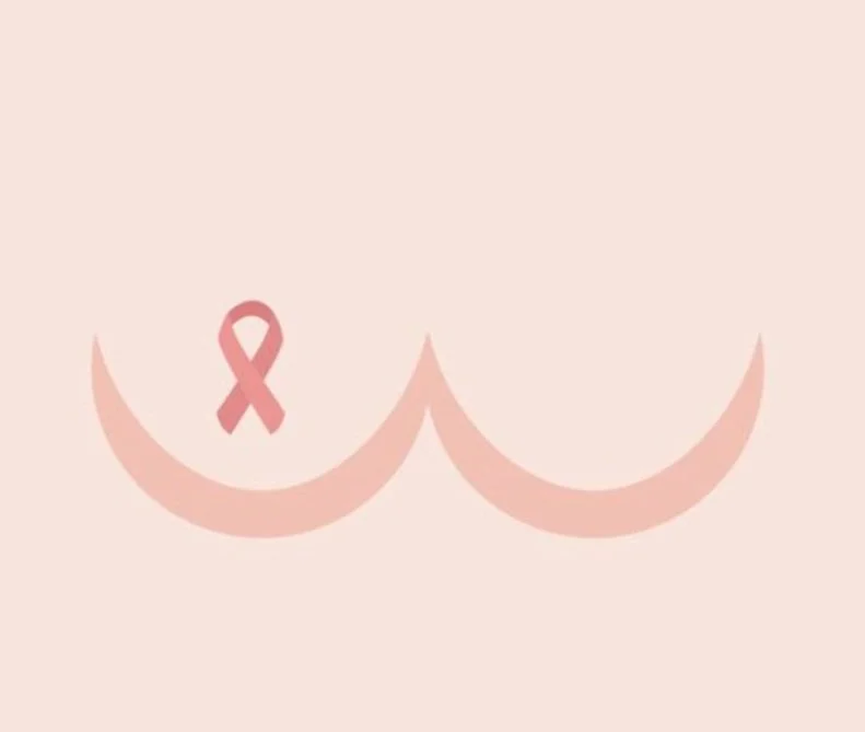 Minimalist illustration of breasts with a pink breast cancer awareness ribbon on the left breast.