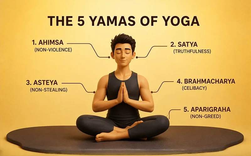 Infographic illustrating the 5 Yamas of yoga with a meditating figure.