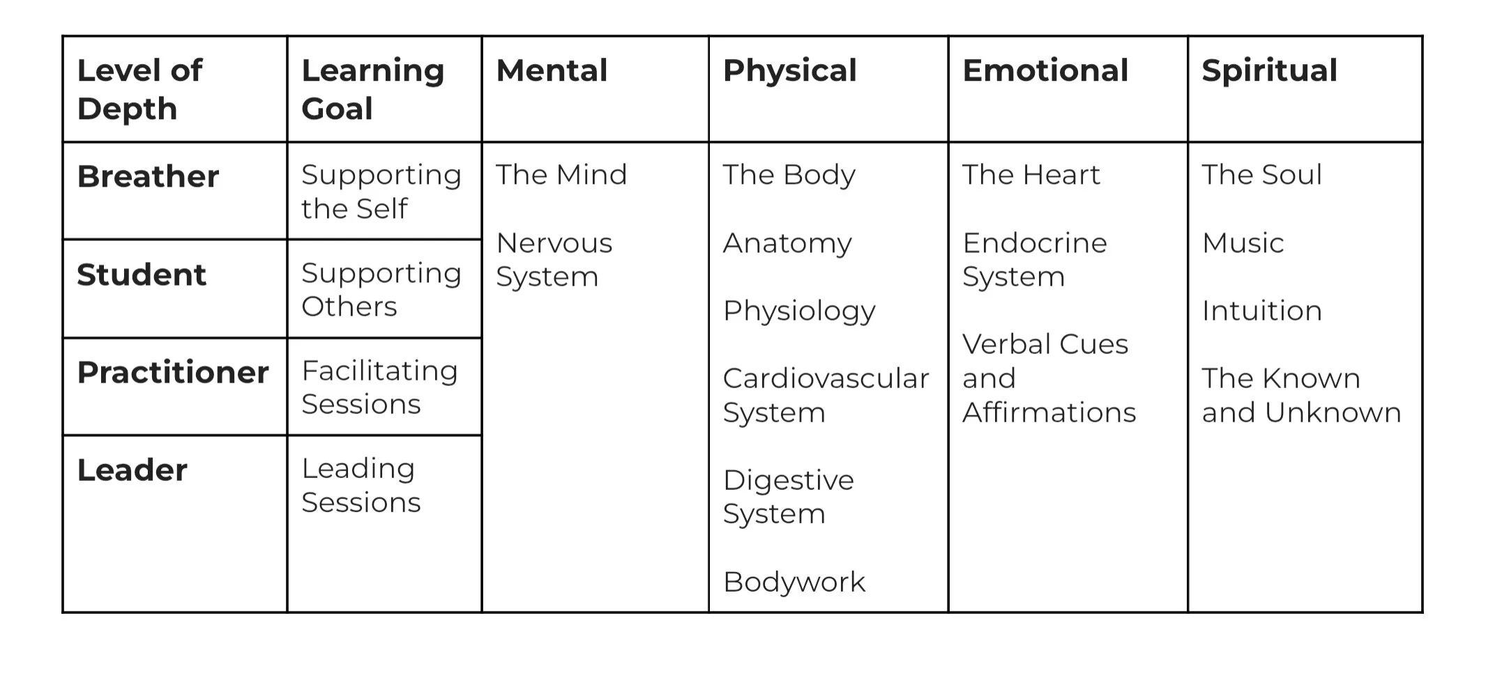 Table comparing levels of depth in wellness: Breather, Student, Practitioner, Leader, with corresponding goals, mental, physical, emotional, and spiritual aspects.