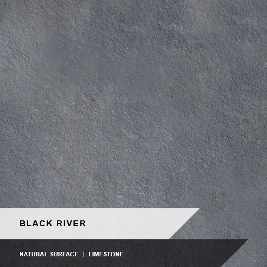 Close-up of a gray limestone surface labeled 'Black River,' natural surface.