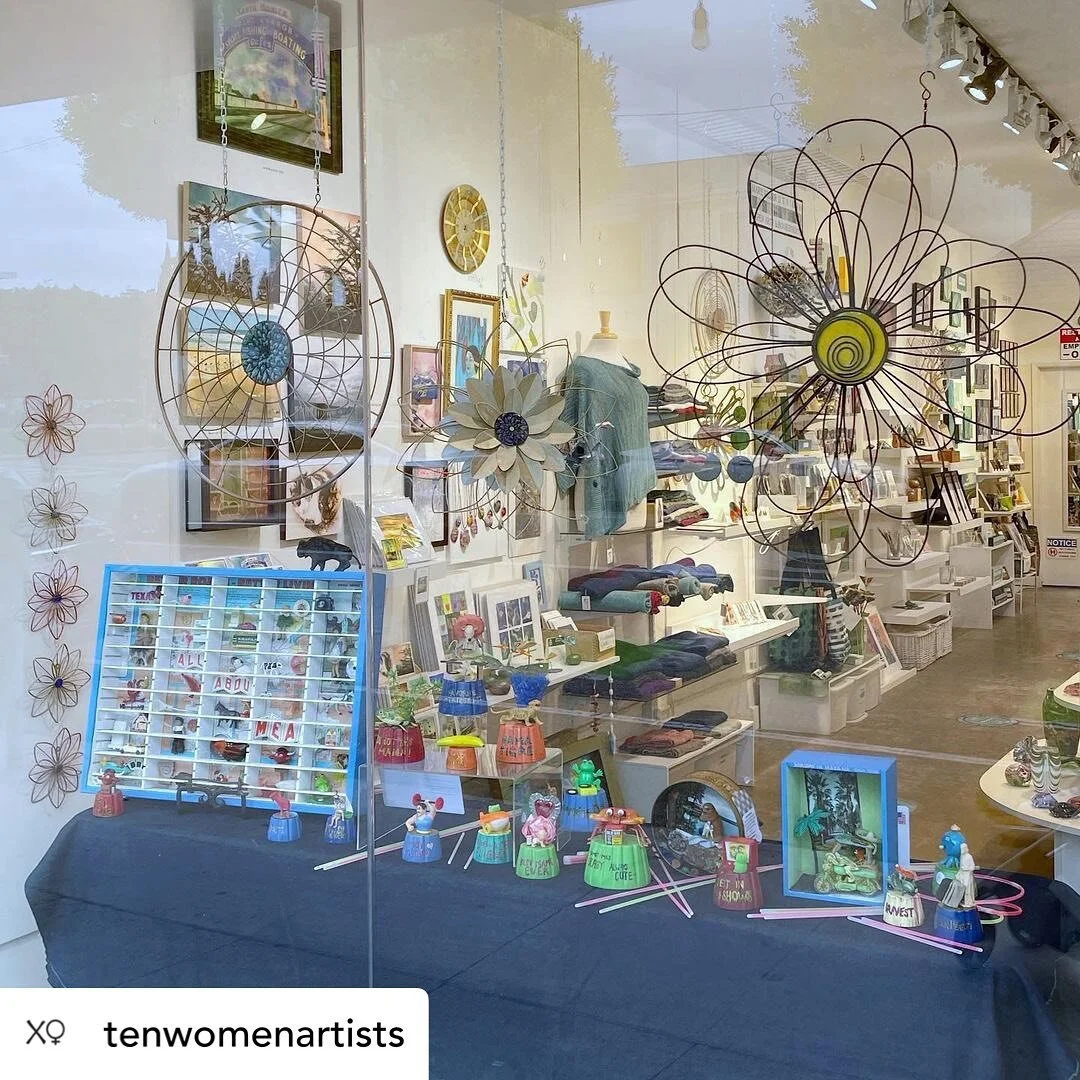Posted @withregram • @tenwomenartists Our new window features whimsical trophies and shadow boxes by Lynne B. Clark and striking metal wall art by Deb Javerbaum.