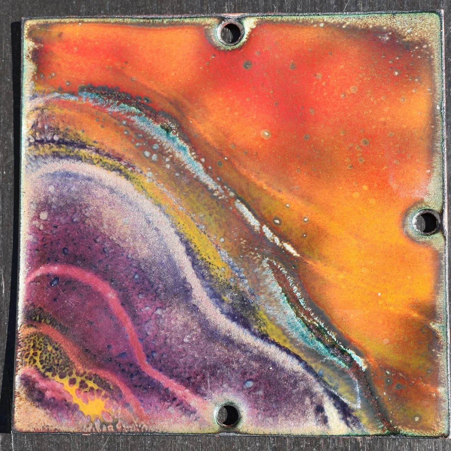 My favorite enameled copper square from my latest custom metal mosaic - fired many times over many weeks. The completed mosaic is on display in the window @tenwomenartists until the 30th and then it will go to its new home!
