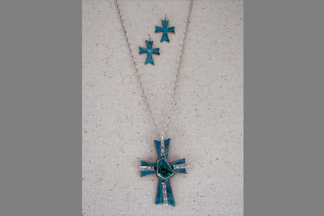 Sterling Silver, Copper, Patina, AZ Malachite Chrysocolla, and Leather Pendant Cross Set