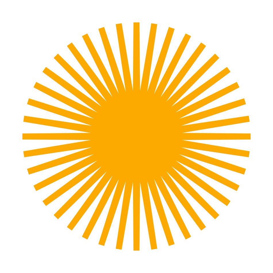 A graphic design featuring an orange sunburst with rays radiating outward on a black background.